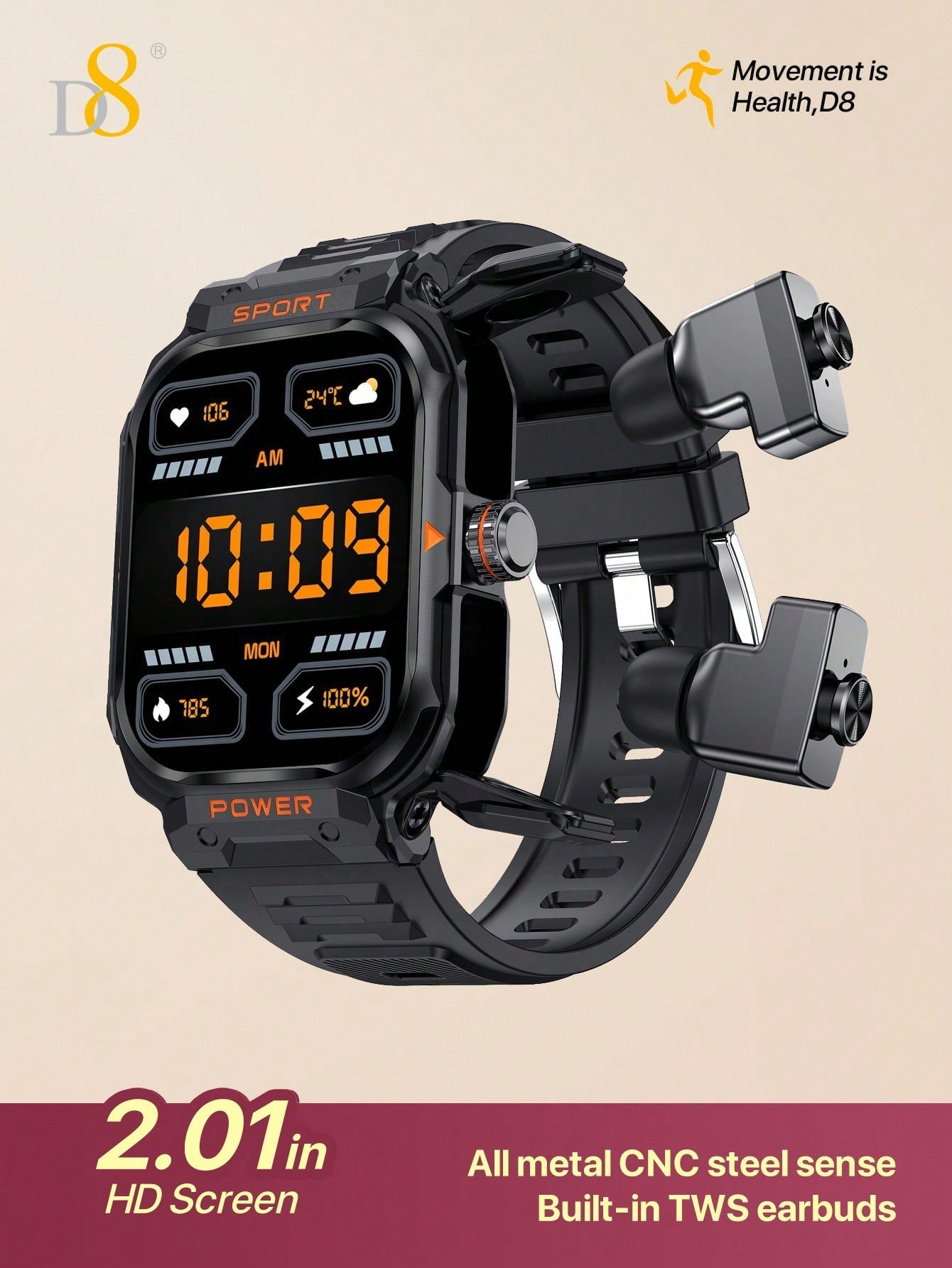 D8 2.01" Tactical Smartwatch with Earbuds, 100+ Sports Modes, Rugged HD