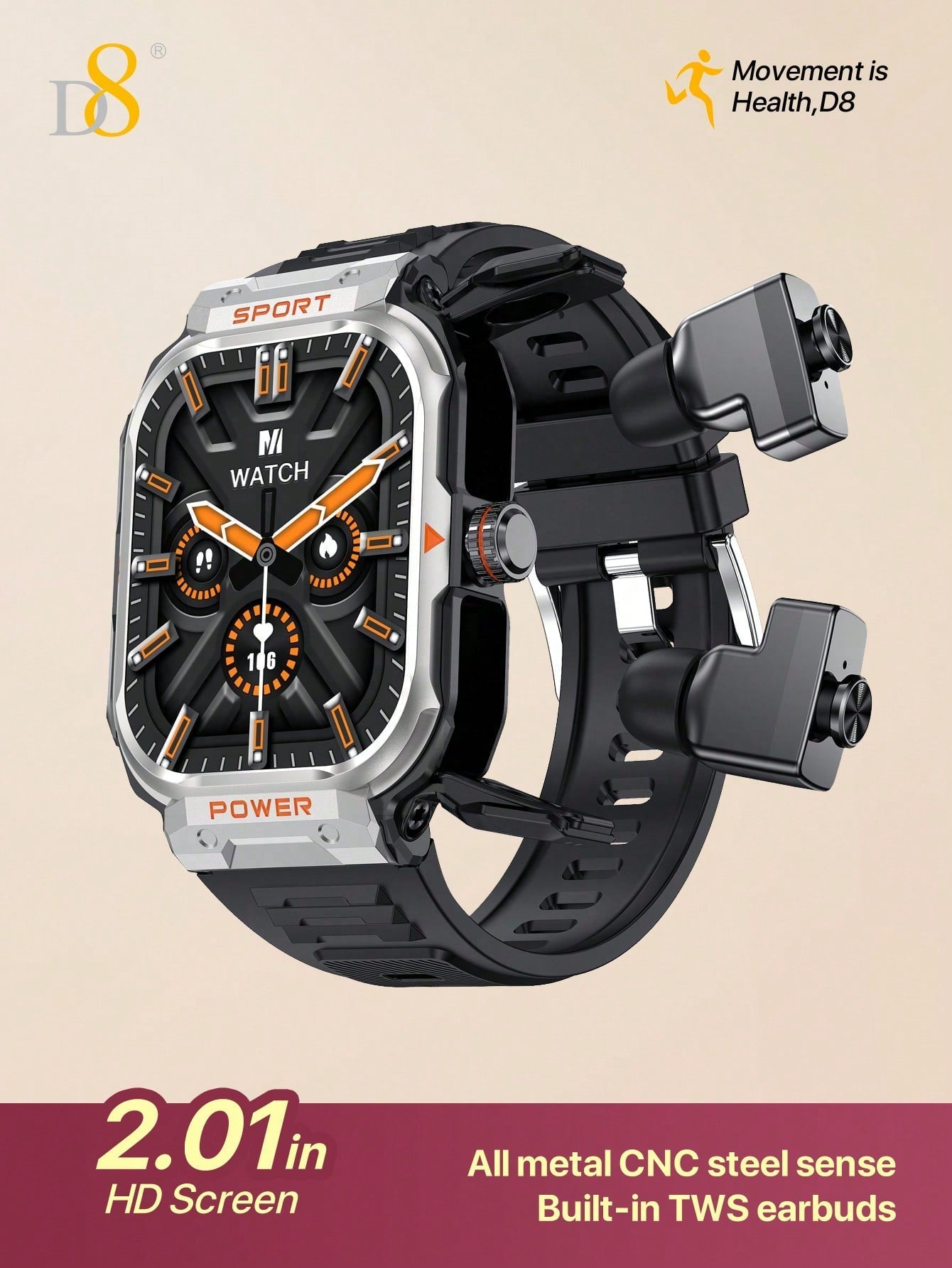 D8 2.01" Tactical Smartwatch with Earbuds, 100+ Sports Modes, Rugged HD