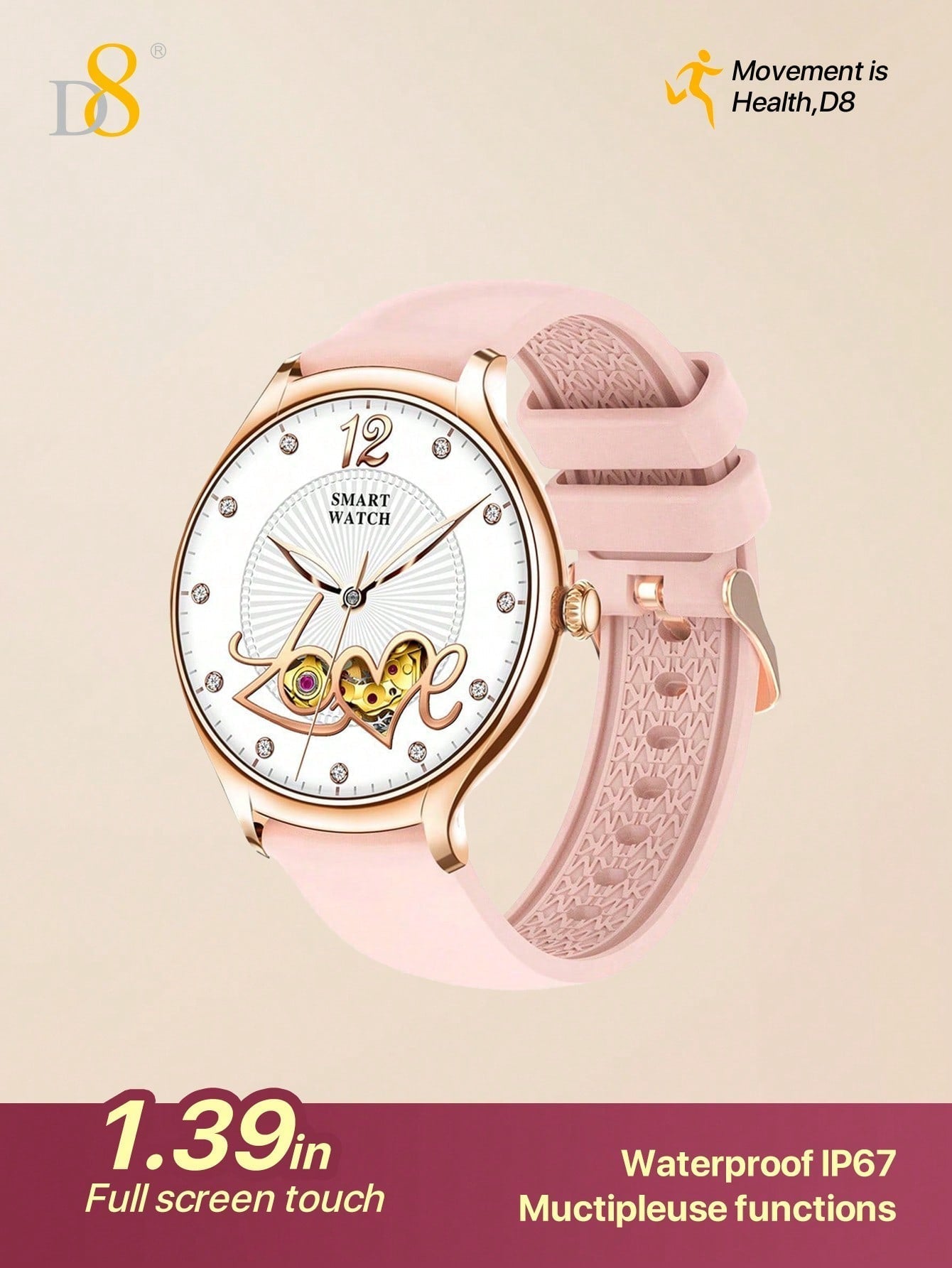 D8 Women's Smartwatch, 1.39" Touchscreen, Waterproof, 100+ Sports Modes