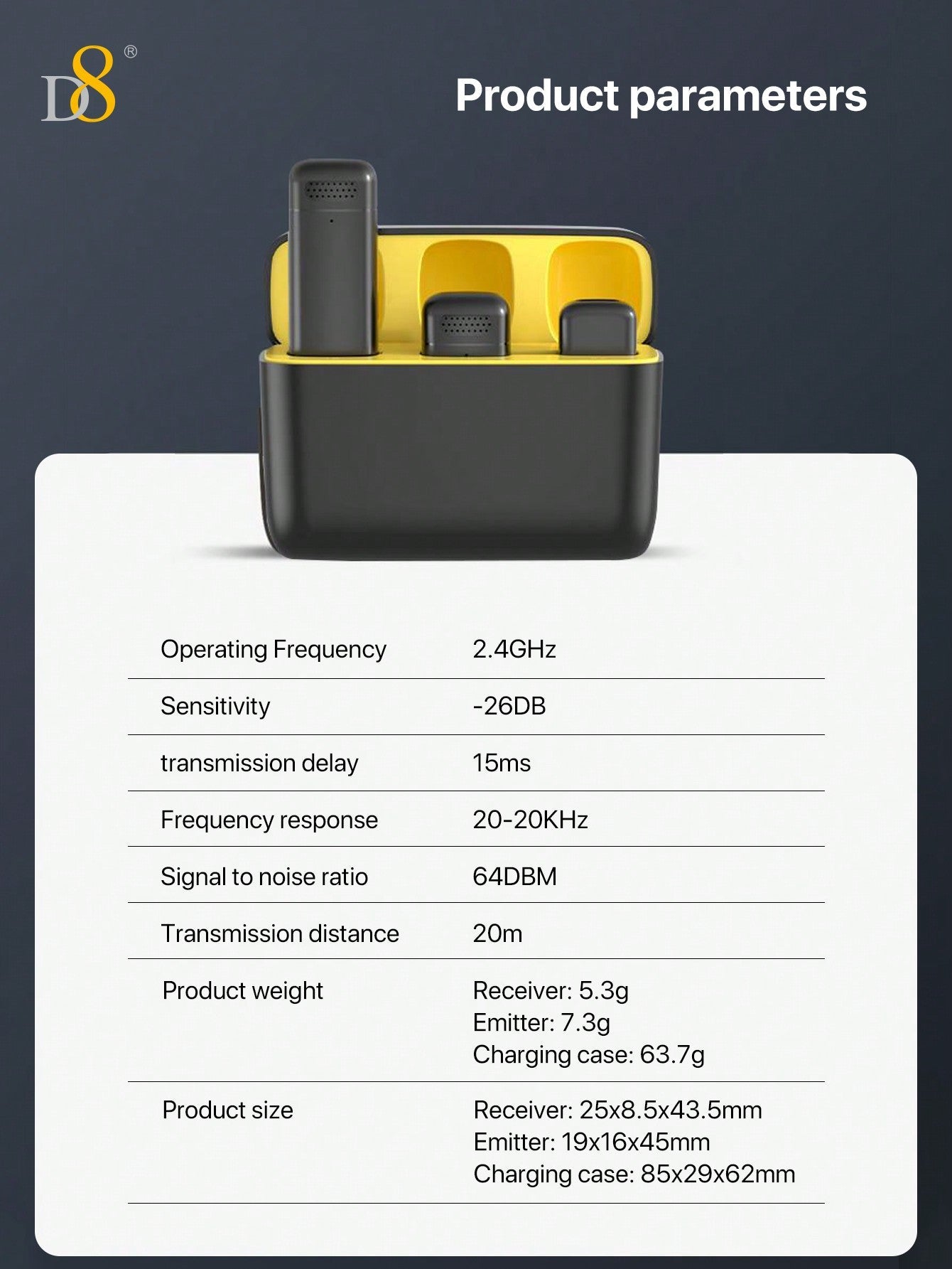 D8 Wireless Lavalier Mic, USB-C, 2-in-1, 70H Battery, With Charging Case