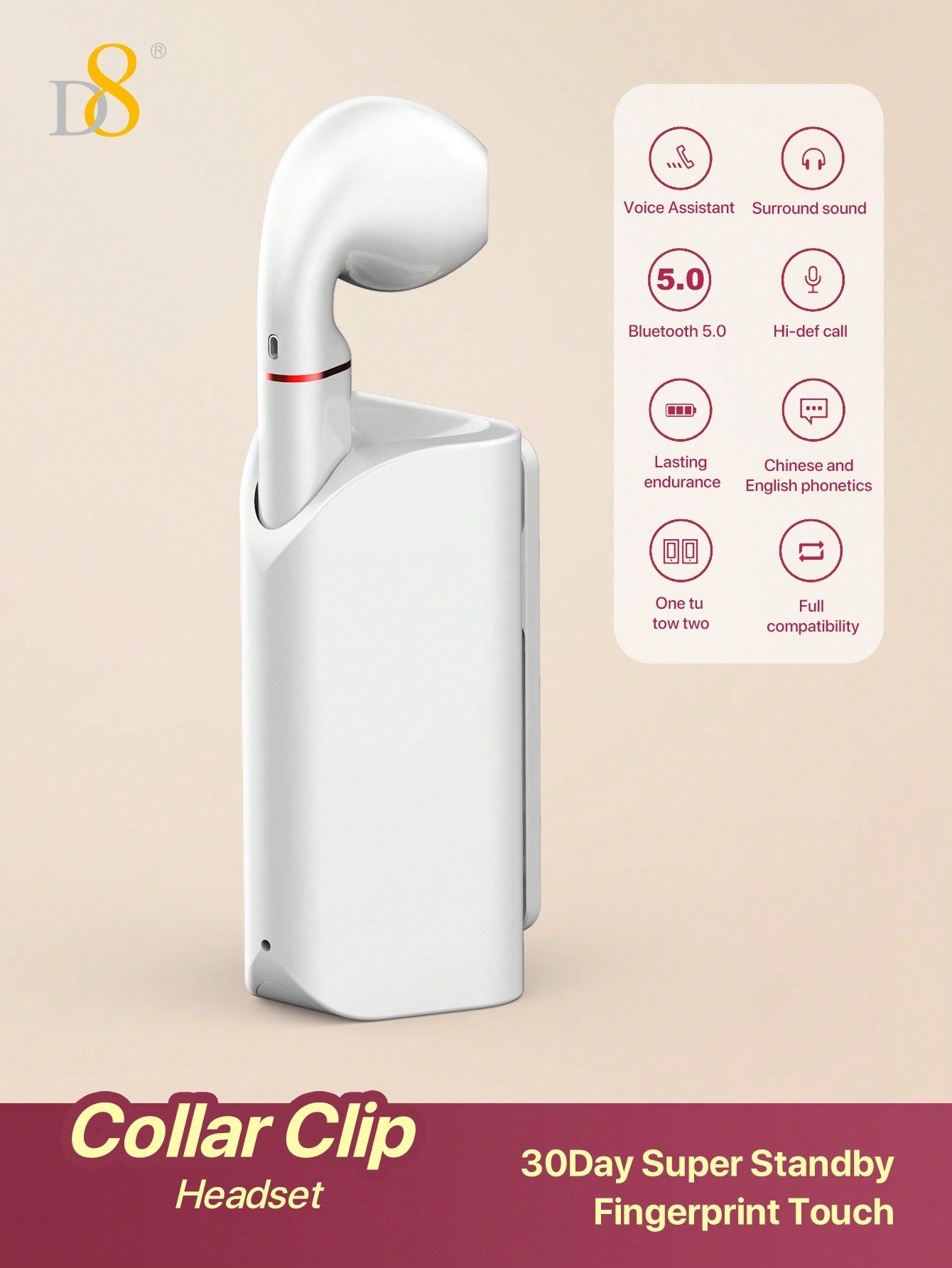 D8 Wireless Mic Earbuds, 5.0 Stereo Bass, USB-C, 5H Playtime for iOS/Android