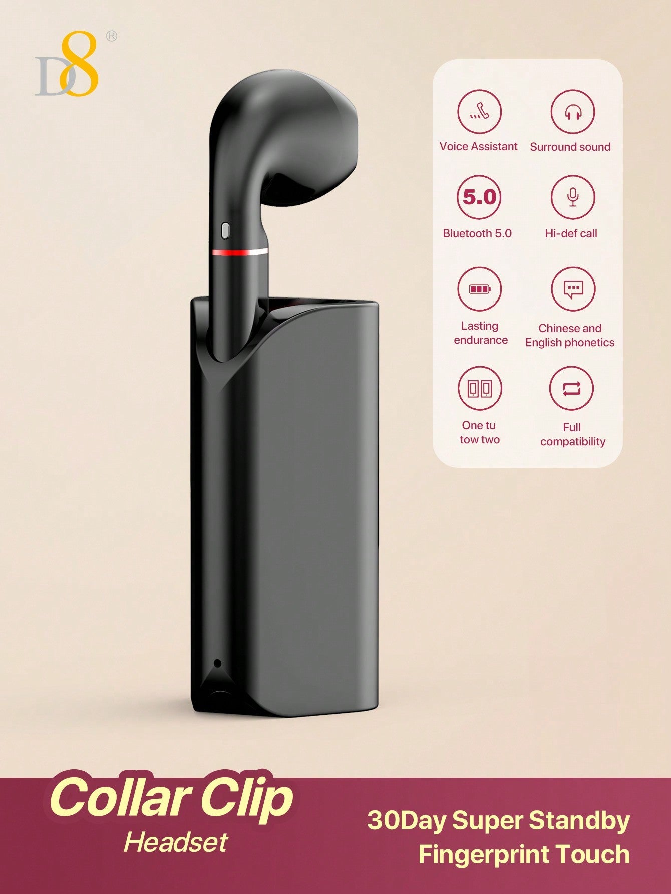 D8 Wireless Mic Earbuds, 5.0 Stereo Bass, USB-C, 5H Playtime for iOS/Android