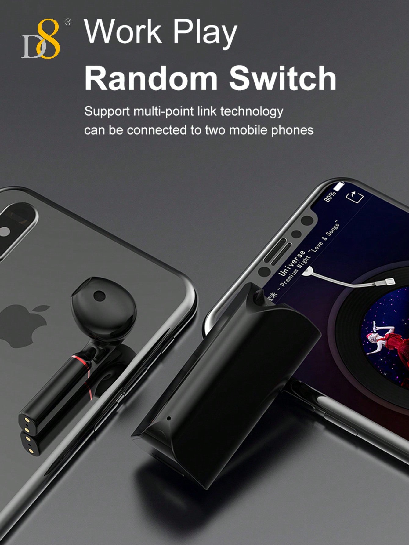 D8 Wireless Mic Earbuds, 5.0 Stereo Bass, USB-C, 5H Playtime for iOS/Android