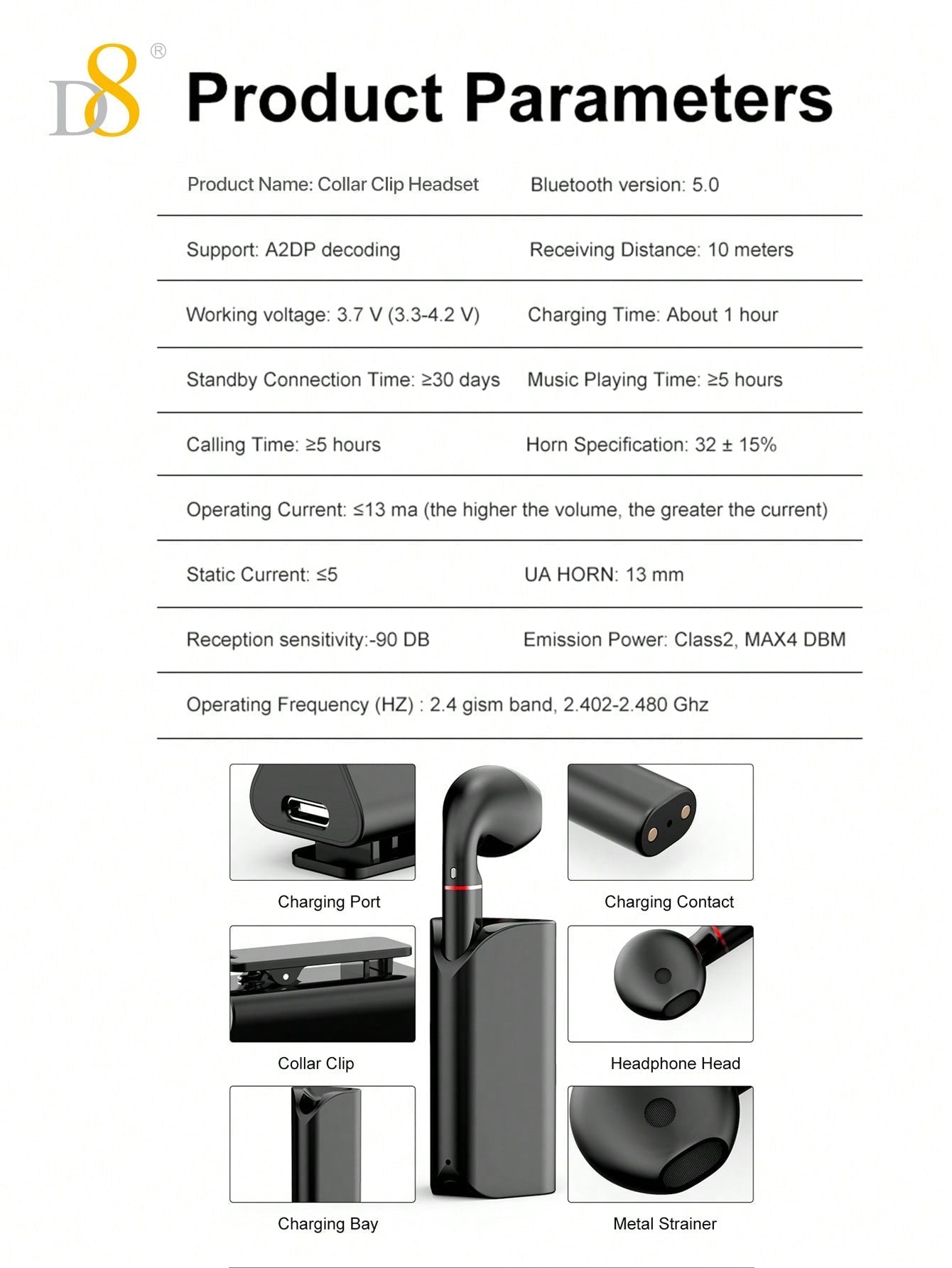 D8 Wireless Mic Earbuds, 5.0 Stereo Bass, USB-C, 5H Playtime for iOS/Android