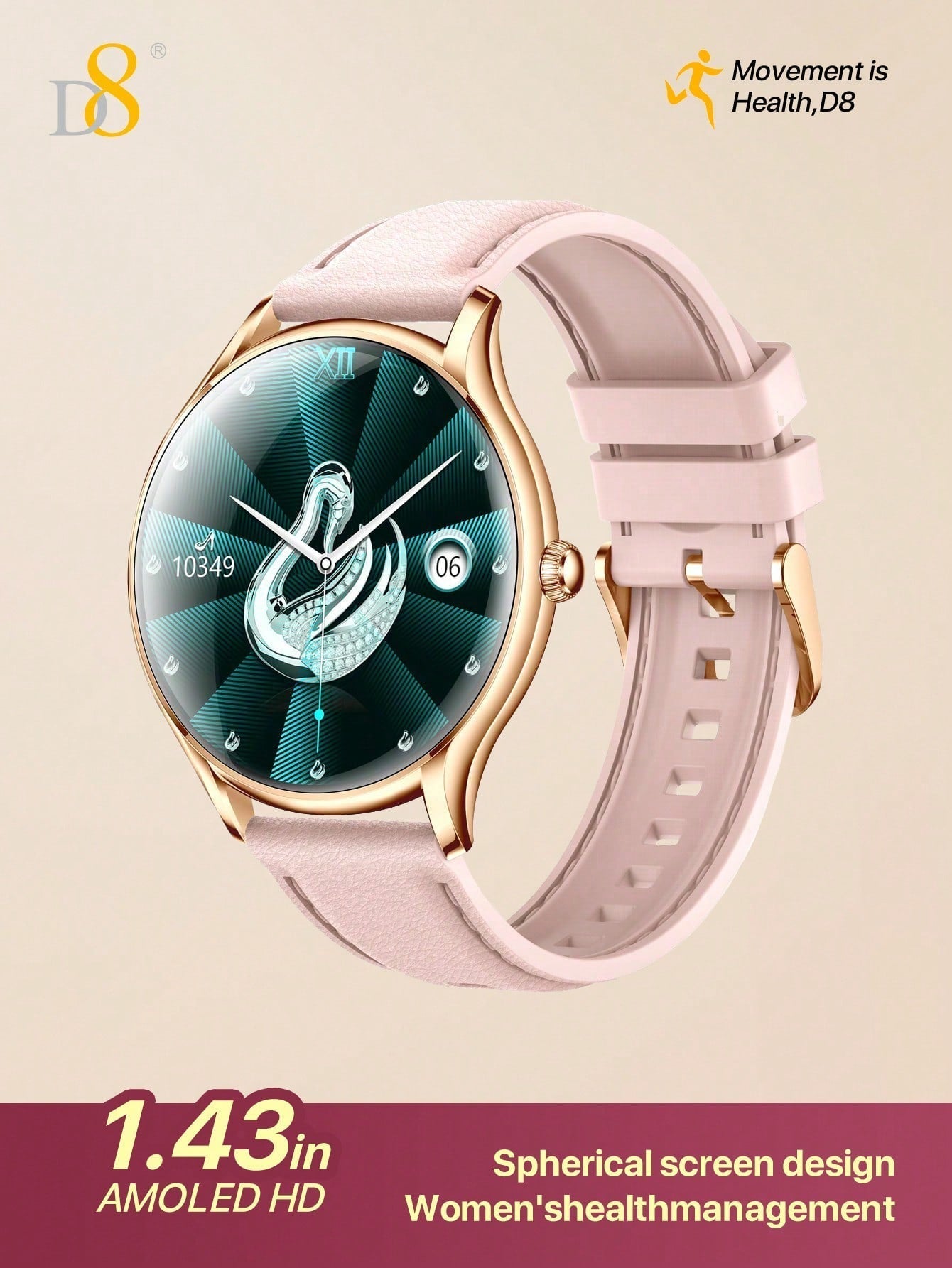 D8 Women's Smartwatch, 1.43" AMOLED, Calls, Fitness Tracker, 100+ Sports