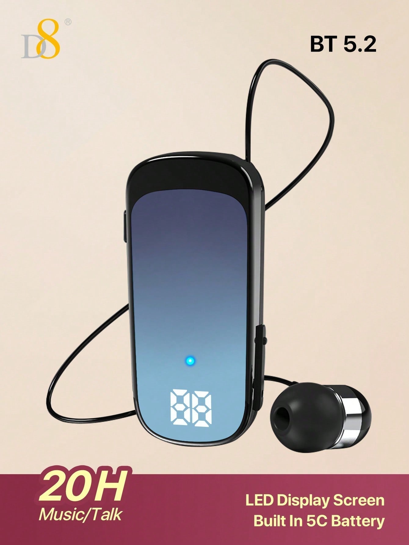 D8 Retractable Wireless Headset ,LED Display Over-Ear Buds,Headphone Stereo Earphone Noise Cancelling Mic Clip On Earpiece Comfortable HandsFree Headset 20Hrs Talking Time Sports Business Trucker Driver Earbud