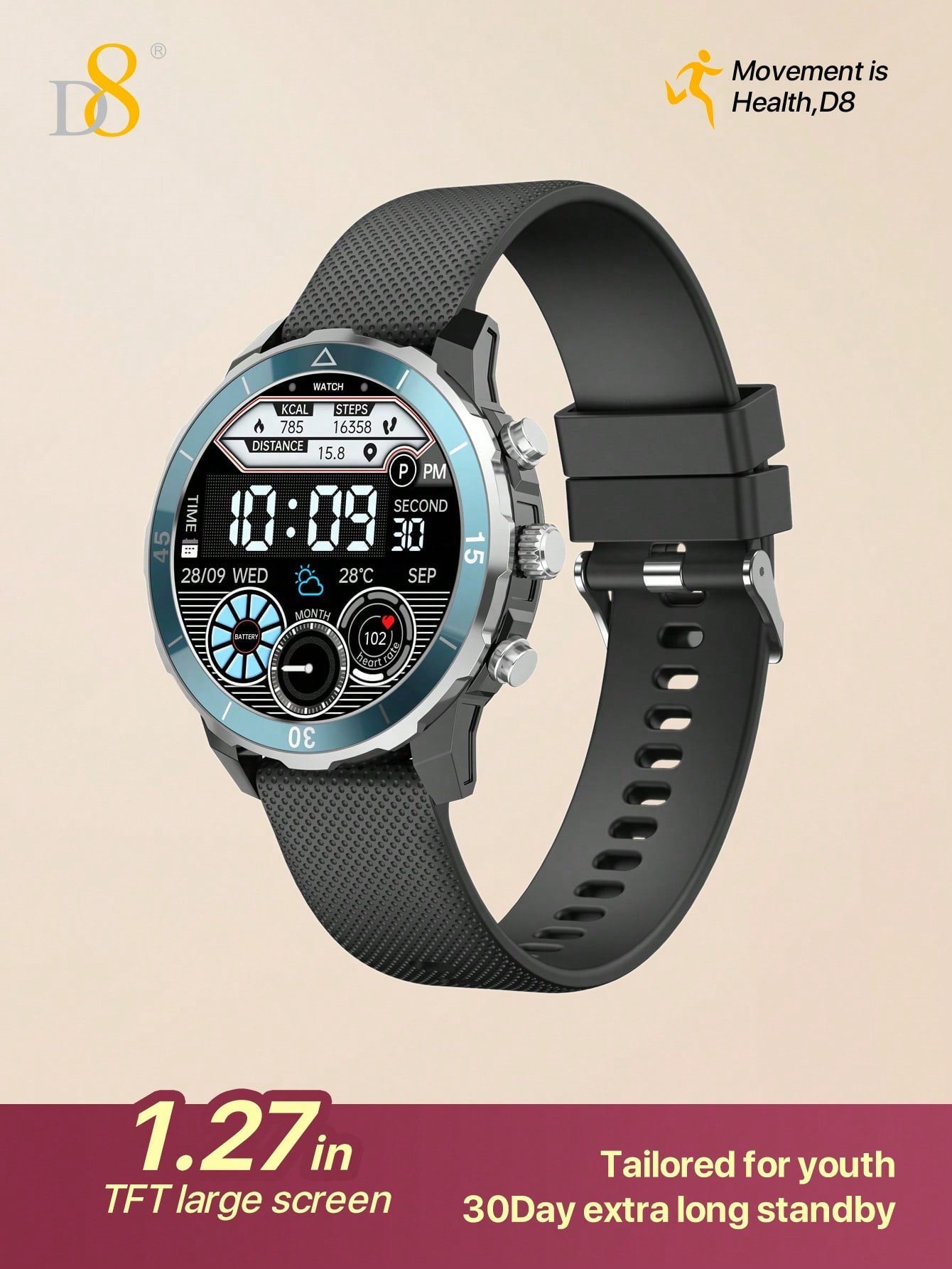 D8 Smartwatch 1.27" IP68 Sports Tracker for Android & iPhone - 100 Modes