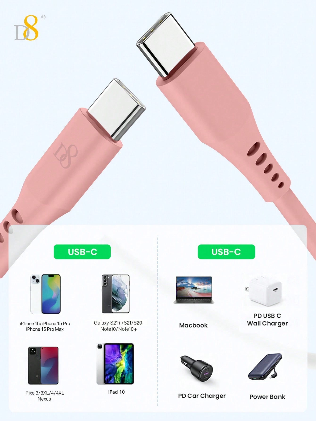D8 USB-C Keychain Cable, 60W Fast Charge, Compact Type-C for iPhone/MacBook