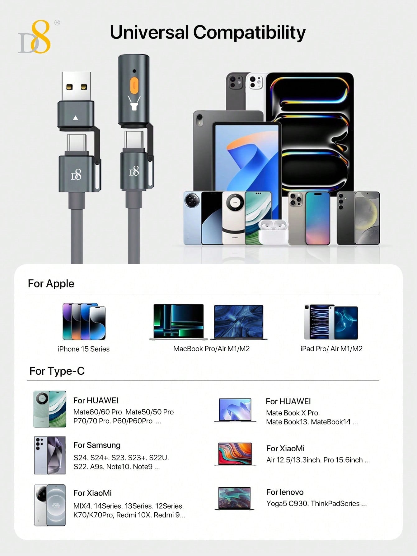 D8 240W 3-in-1 Charging Cable with LED Lamp, Fast USB-C for MacBook