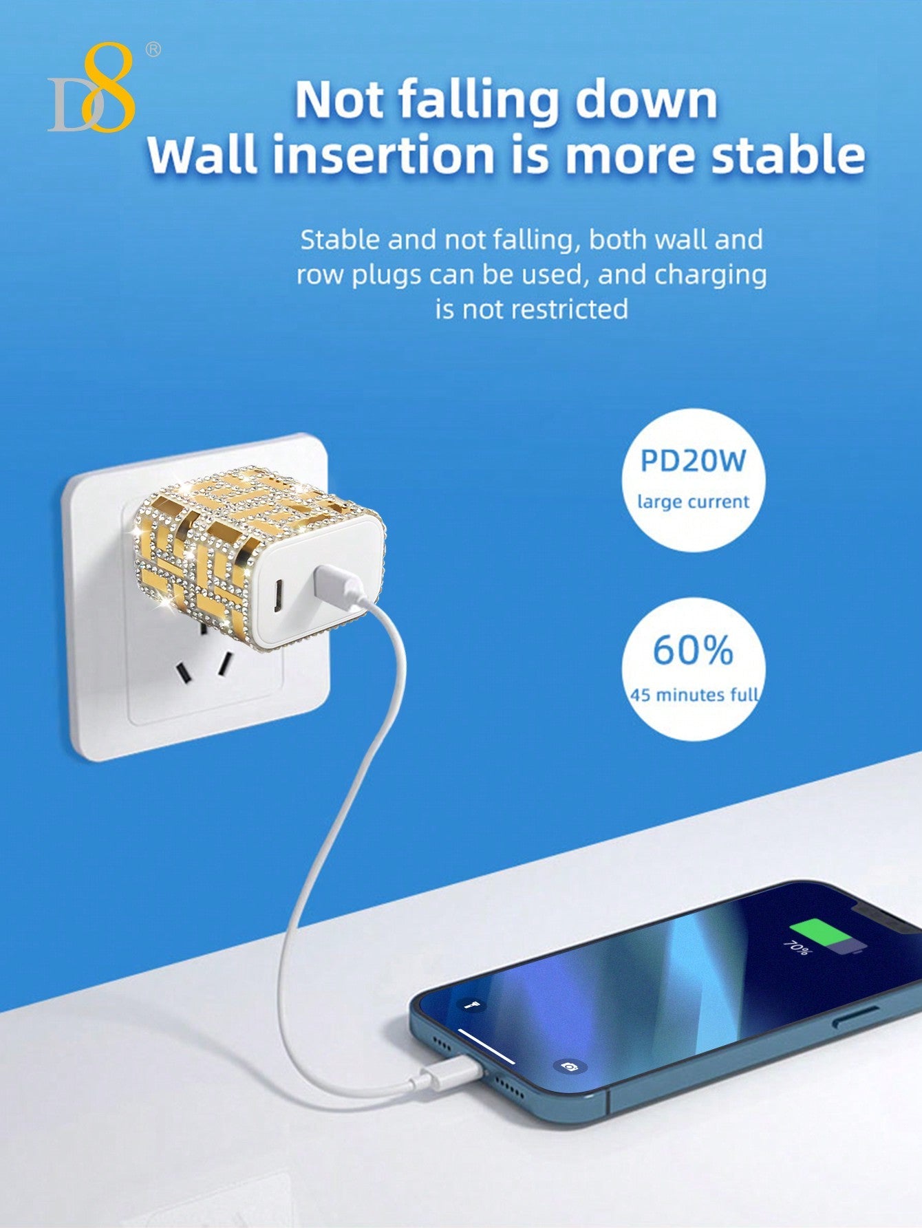 D8 Crystal USB-C Charger, 20W Dual Port, Fast Charge for iPhone 16/15