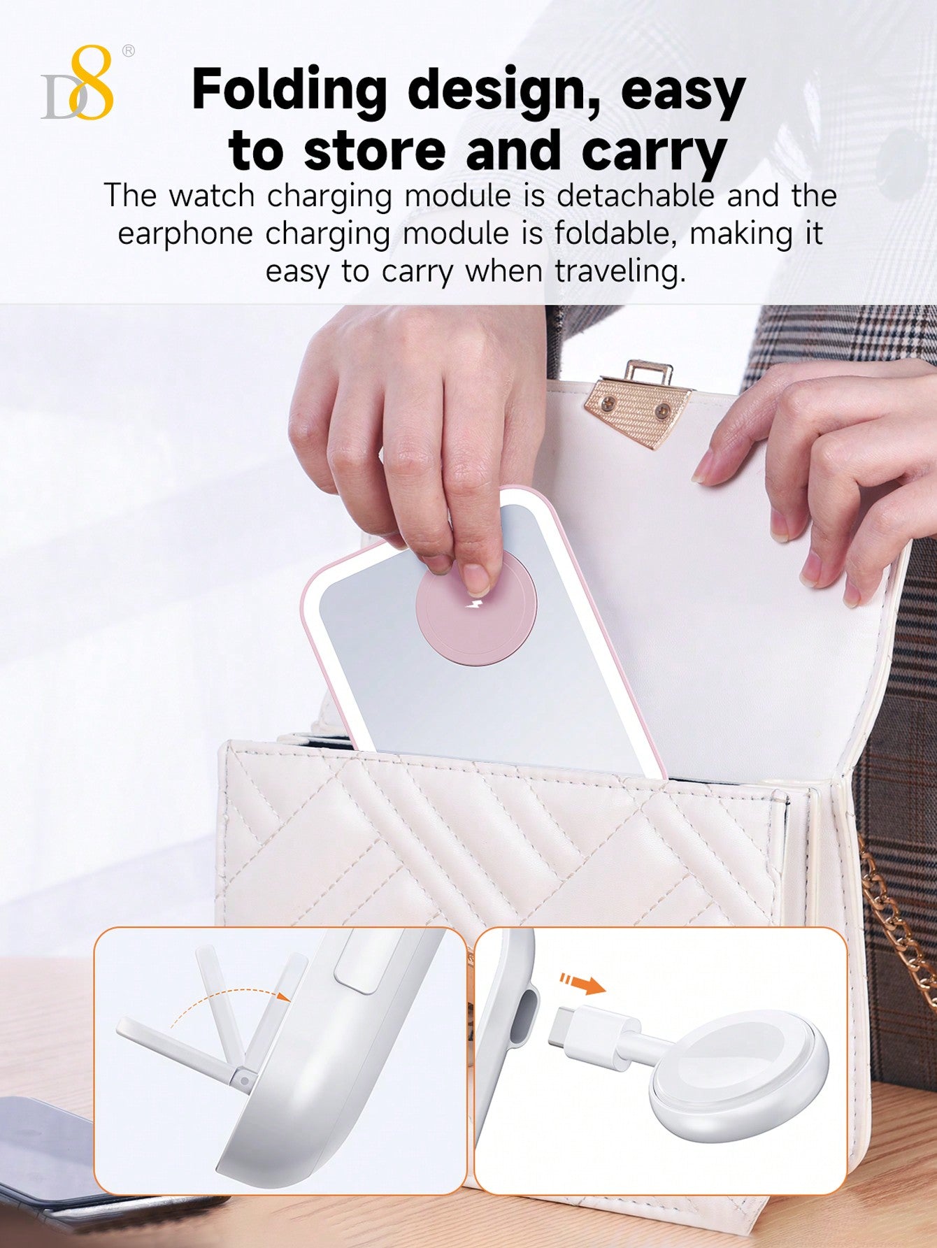 D8 3-In-1wireless Charging,7.5W Wireless Fast Charging,LED Soft Light,Dimmable Ambient Light,Cosmetic Mirror & Night Light,LED Natural Filllight Soft Warm Light, Not Harmful To Eyes