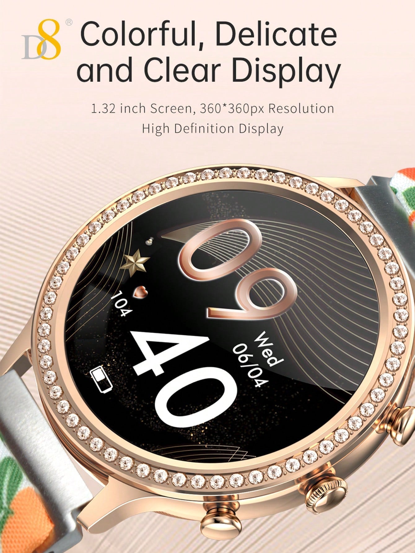 D8 Smartwatch for Women - 1.32" Display, Call Function, IP68 Waterproof, Stylish