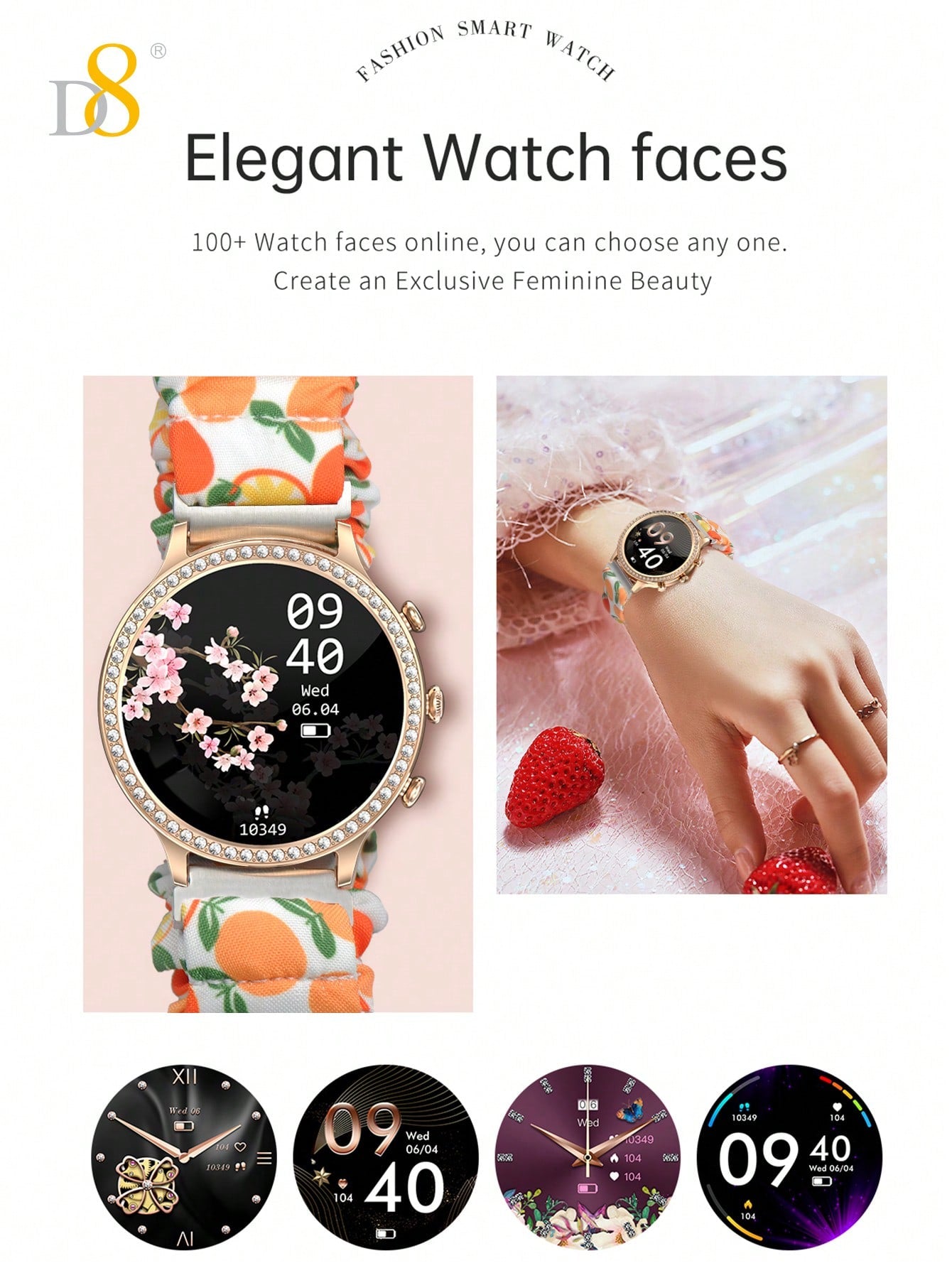 D8 Smartwatch for Women - 1.32" Display, Call Function, IP68 Waterproof, Stylish