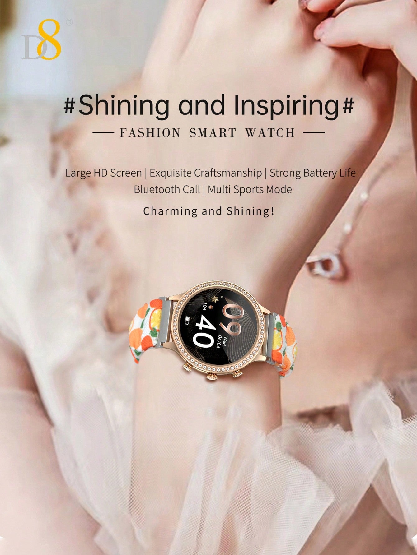 D8 Smartwatch for Women - 1.32" Display, Call Function, IP68 Waterproof, Stylish