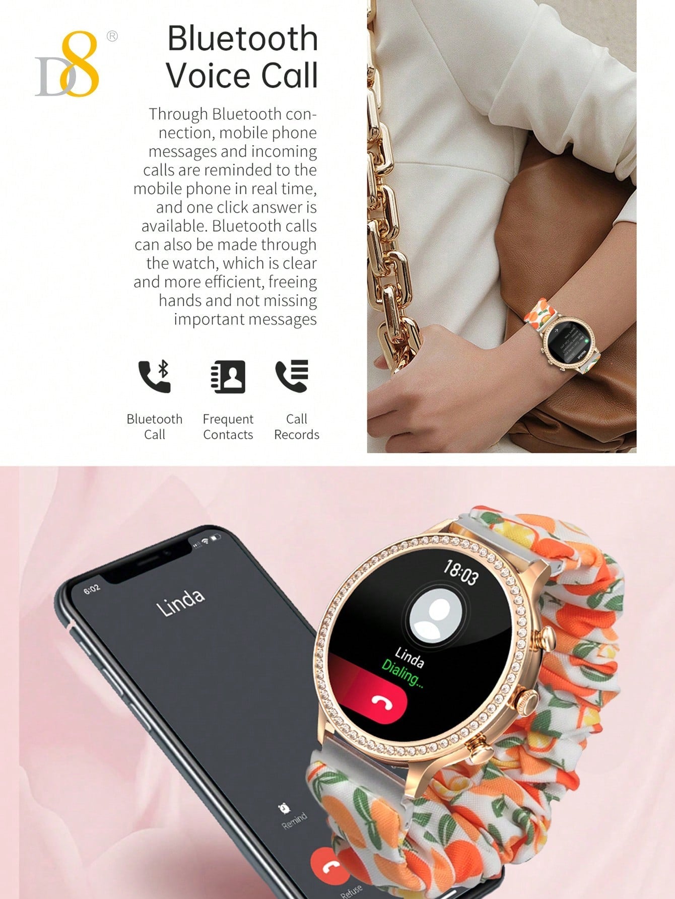 D8 Smartwatch for Women - 1.32" Display, Call Function, IP68 Waterproof, Stylish
