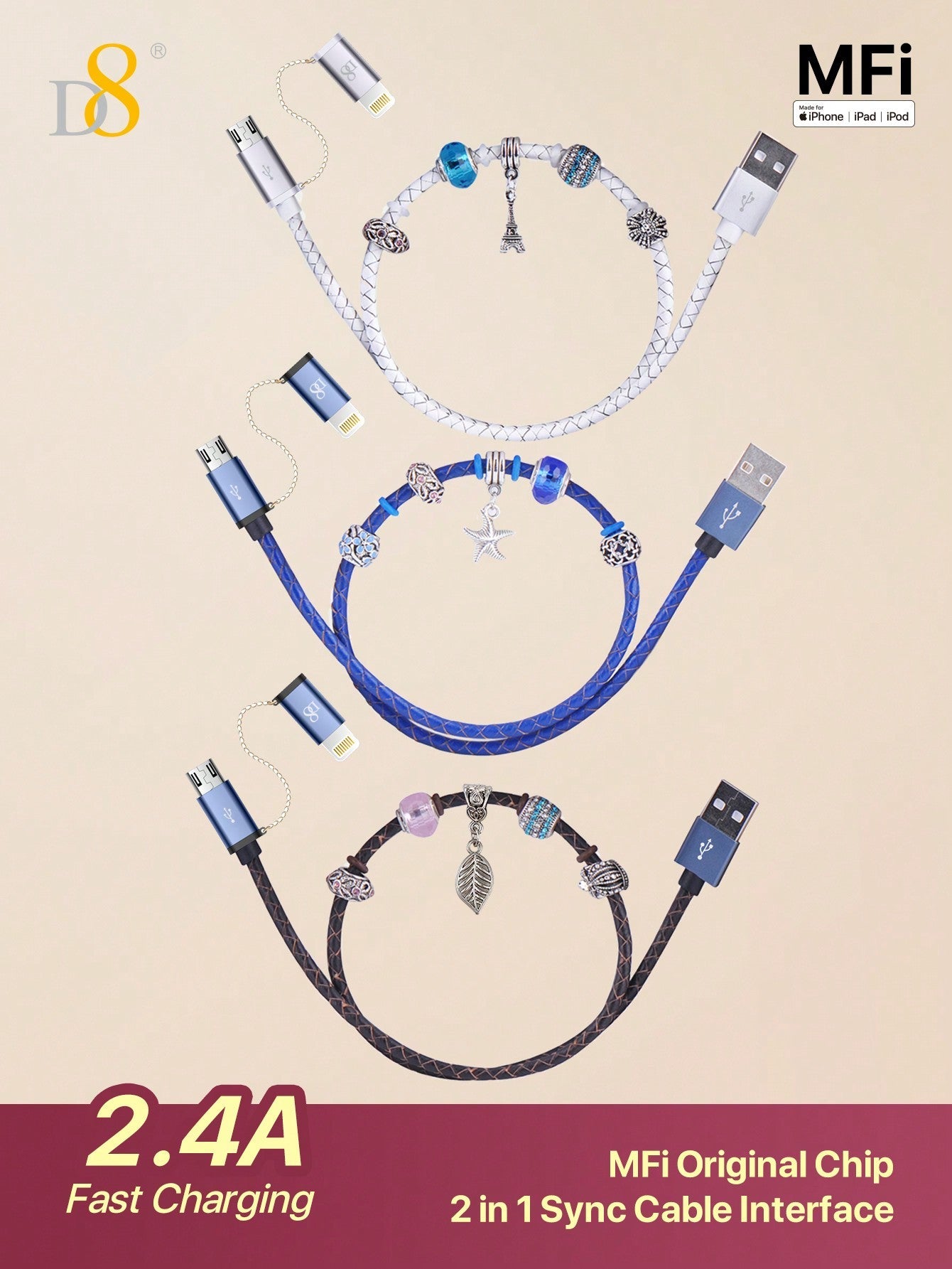 D8 DIY Handmade Beaded MFi Certified 2-in-1 iPhone & Micro USB Charger Cable