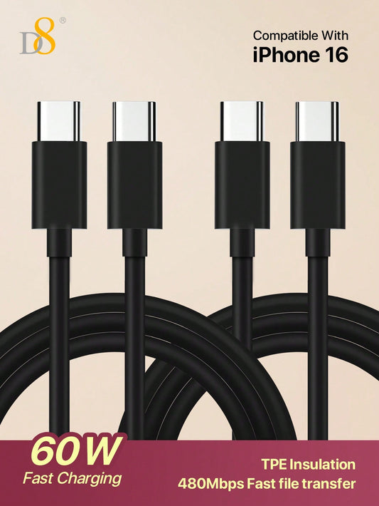 D8 2-Pack USB C to USB C Cable - Fast Charging, 60W, 3.3ft, Nylon Braided