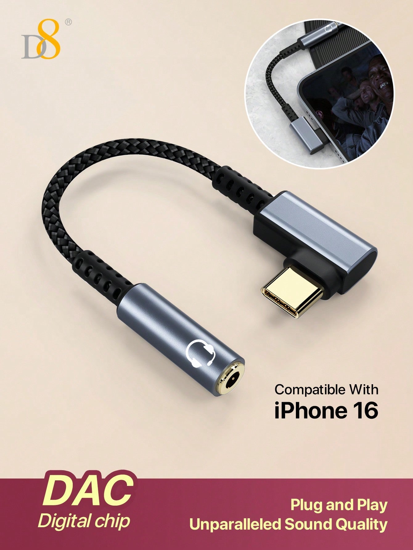D8 USB-C to 3.5mm Adapter, Aux Audio Dongle for Smartphones & Tablets