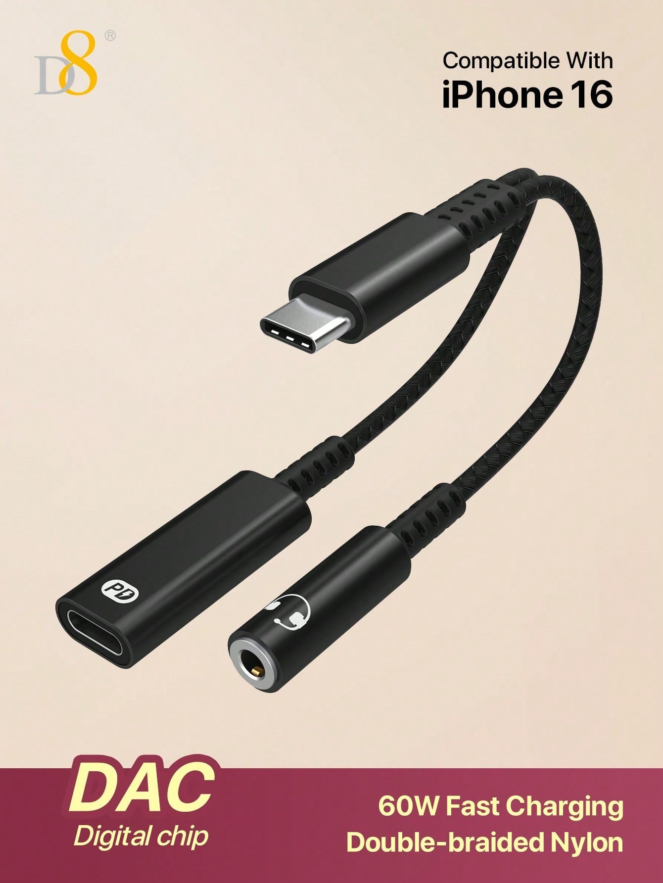 D8 USB-C to 3.5mm Adapter, 2-in-1 Audio + 60W Fast Charger for iPhone/Samsung