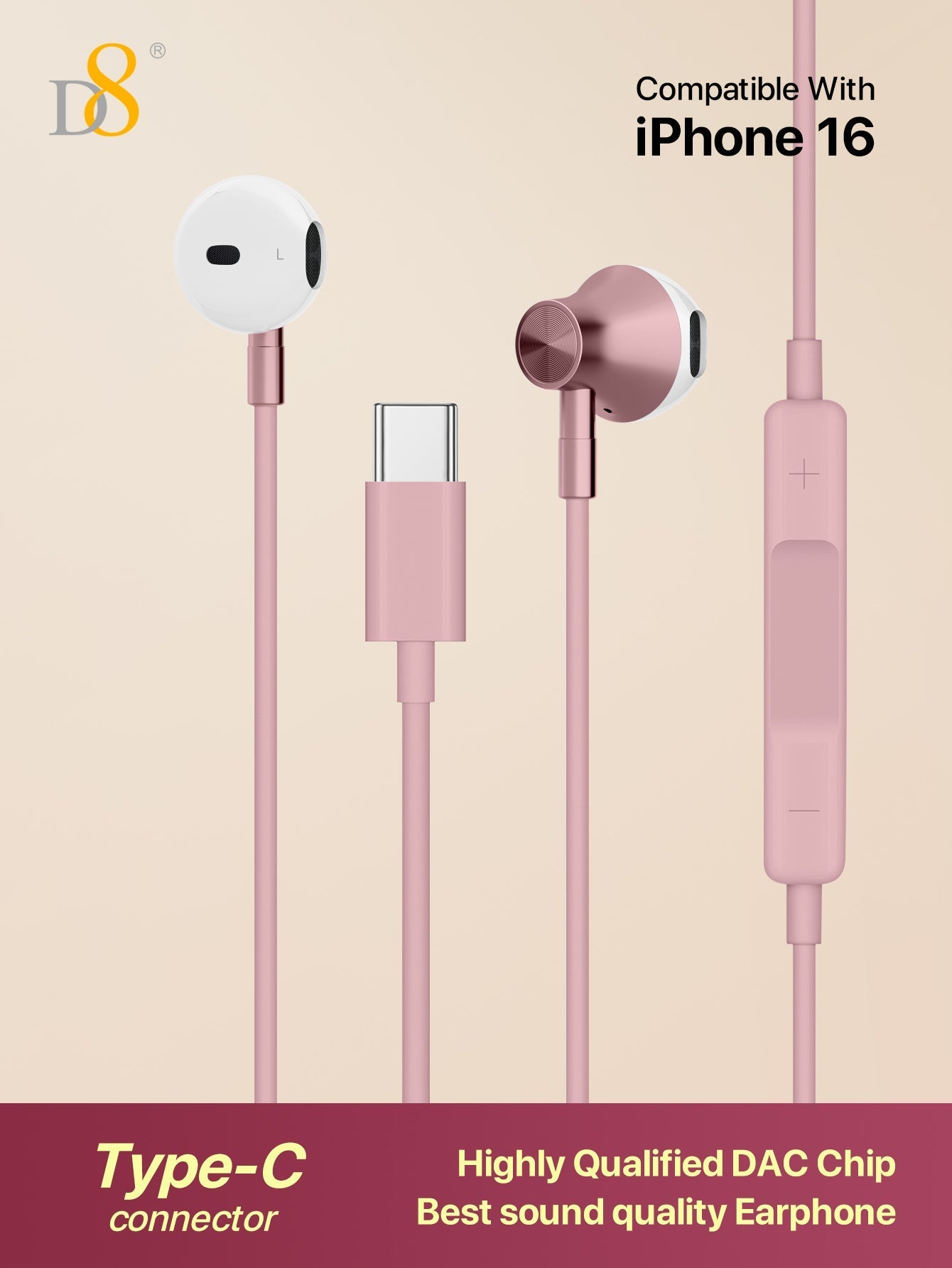 D8 Type C In-Ear Headphones with Mic & Volume Control - Compatible with iPhone 16, iPad, Galaxy S23