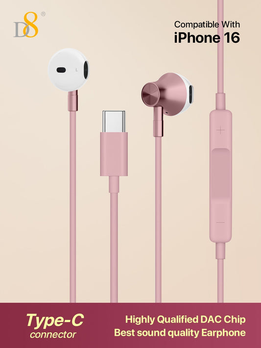 D8 Type C In-Ear Headphones with Mic & Volume Control - Compatible with iPhone 16, iPad, Galaxy S23