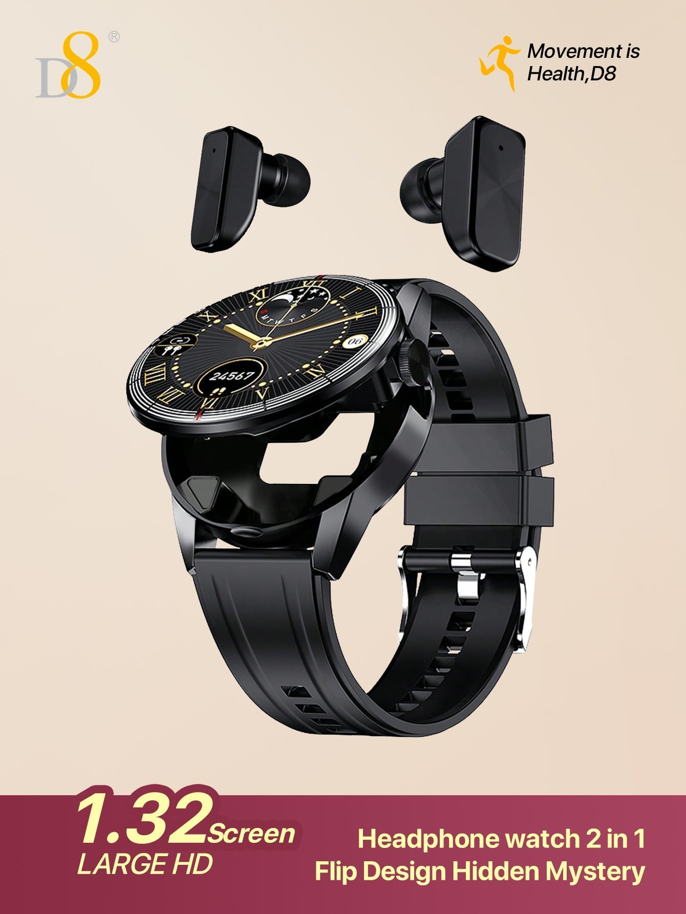 D8 2-in-1 Smartwatch with Earbuds, Fitness Tracker, 100+ Sports Modes, iOS/Android