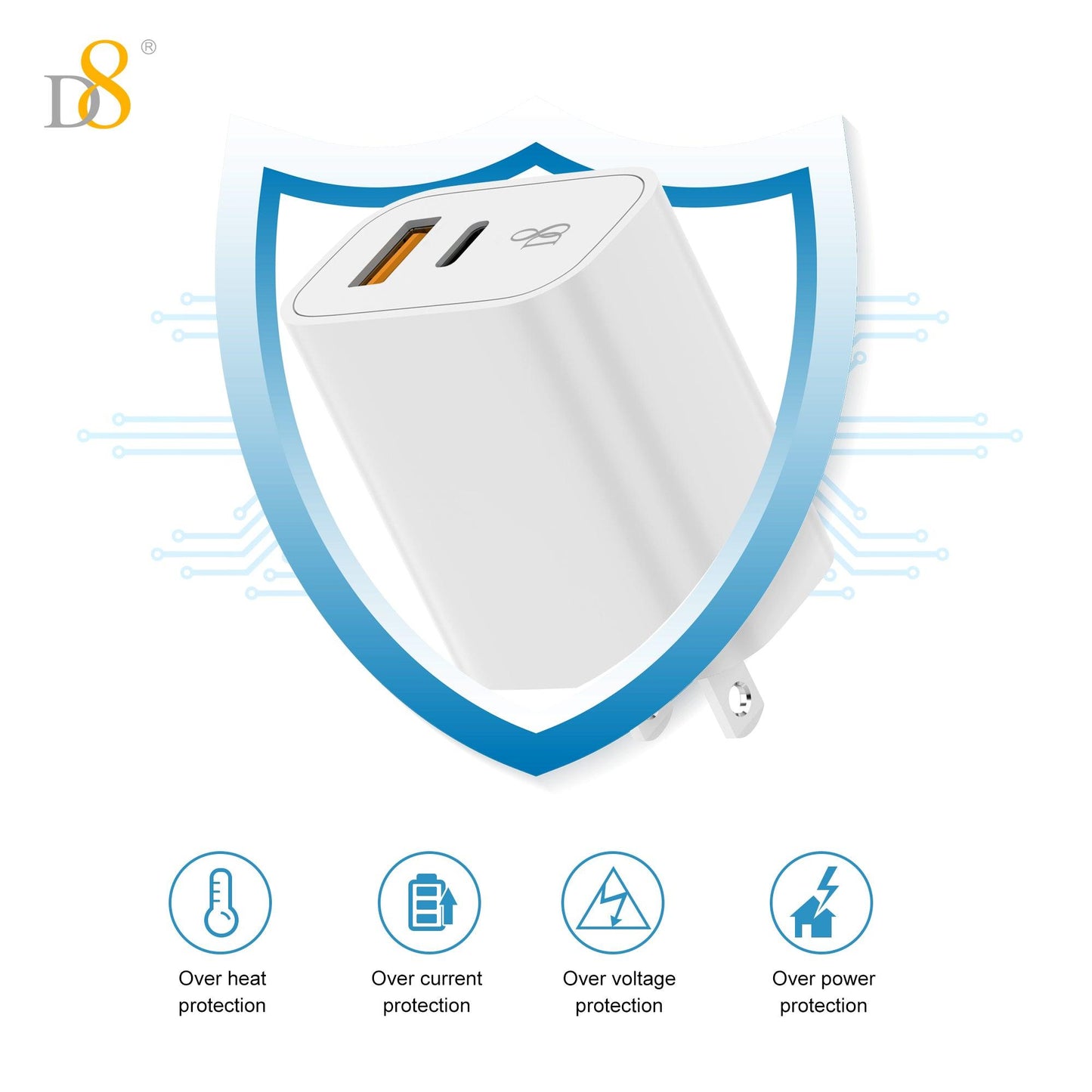 D8 20W Fast Charging Dual Port USB+TYPE-C Wall Charger