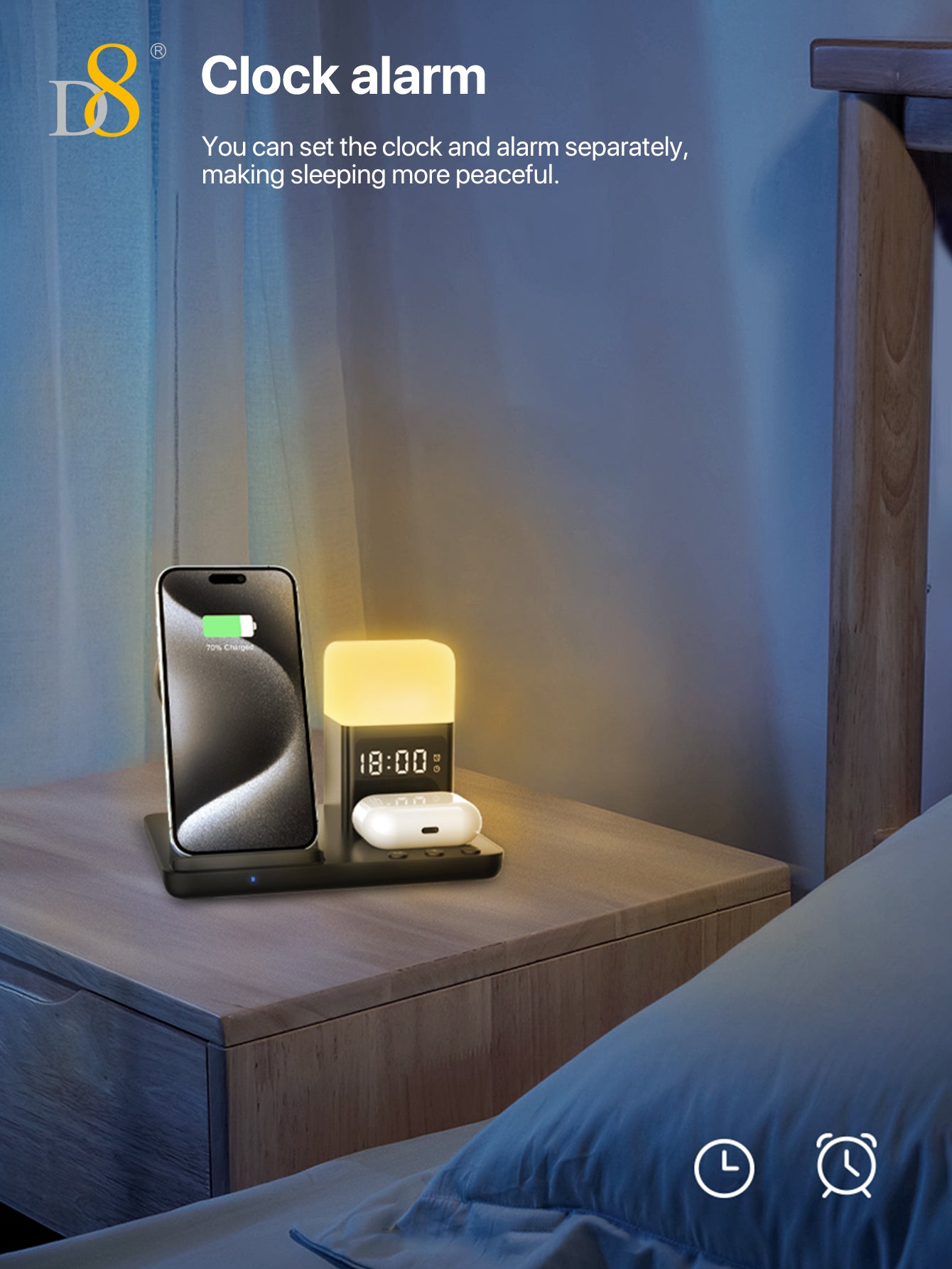 D8 3-in-1 Wireless Charger with LED Night Light for iPhone/Apple Watch