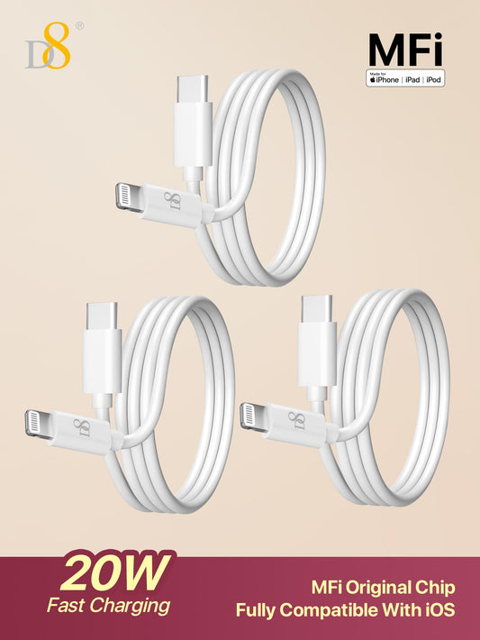 D8 MFi Certified iPhone Charger Cable (3-Pack, 3.3FT) - USB C to Lightning