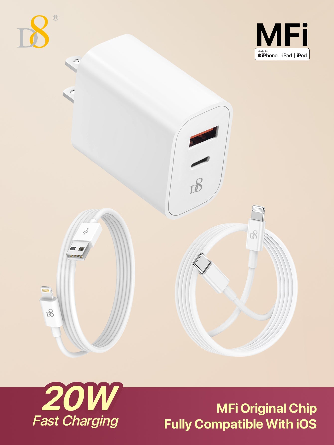 D8 MFi Lightning Cable 3-Pack, USB-C & USB-A, PD Fast Charge for iPhone/iPad