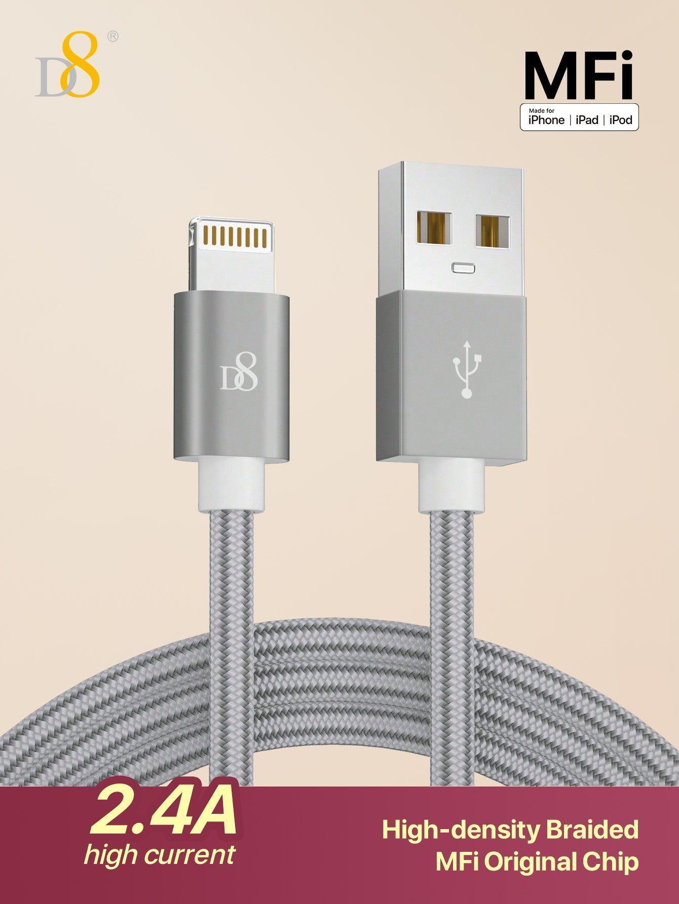 D8 3.3ft Premium Nylon USB-A to Lightning Cable, MFi Certified iPhone Charger