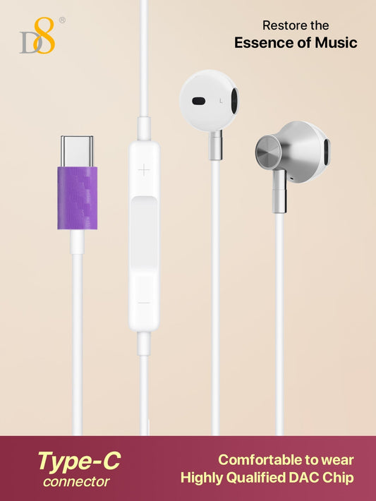 D8 Type C Headphones with Mic & Volume Control - In-Ear Earphones for iPhone 16 Pro, Galaxy S23, iPad, and More