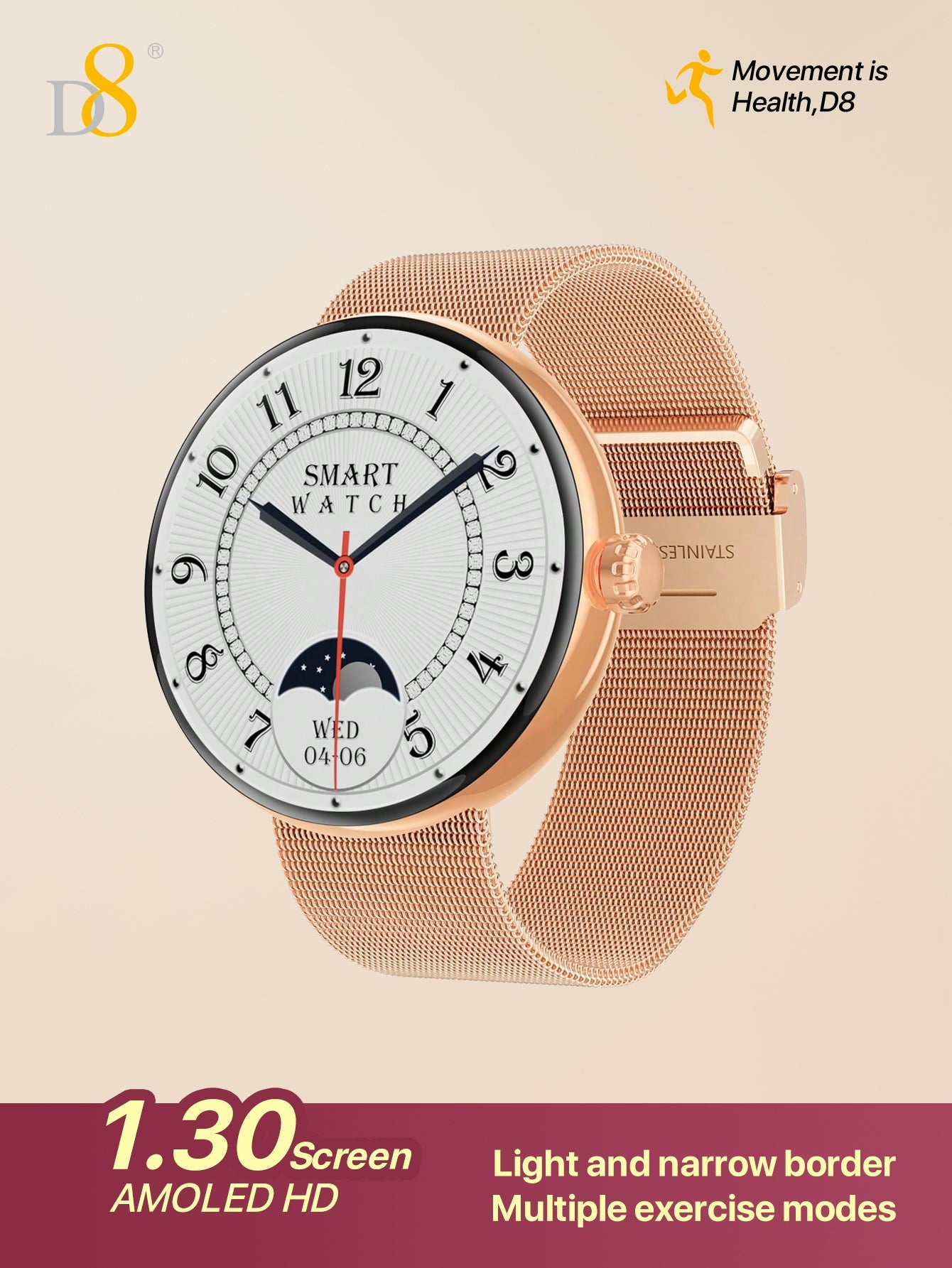 D8 Smartwatch for Women, 1.3" HD Screen, Waterproof Fitness Tracker, Gold