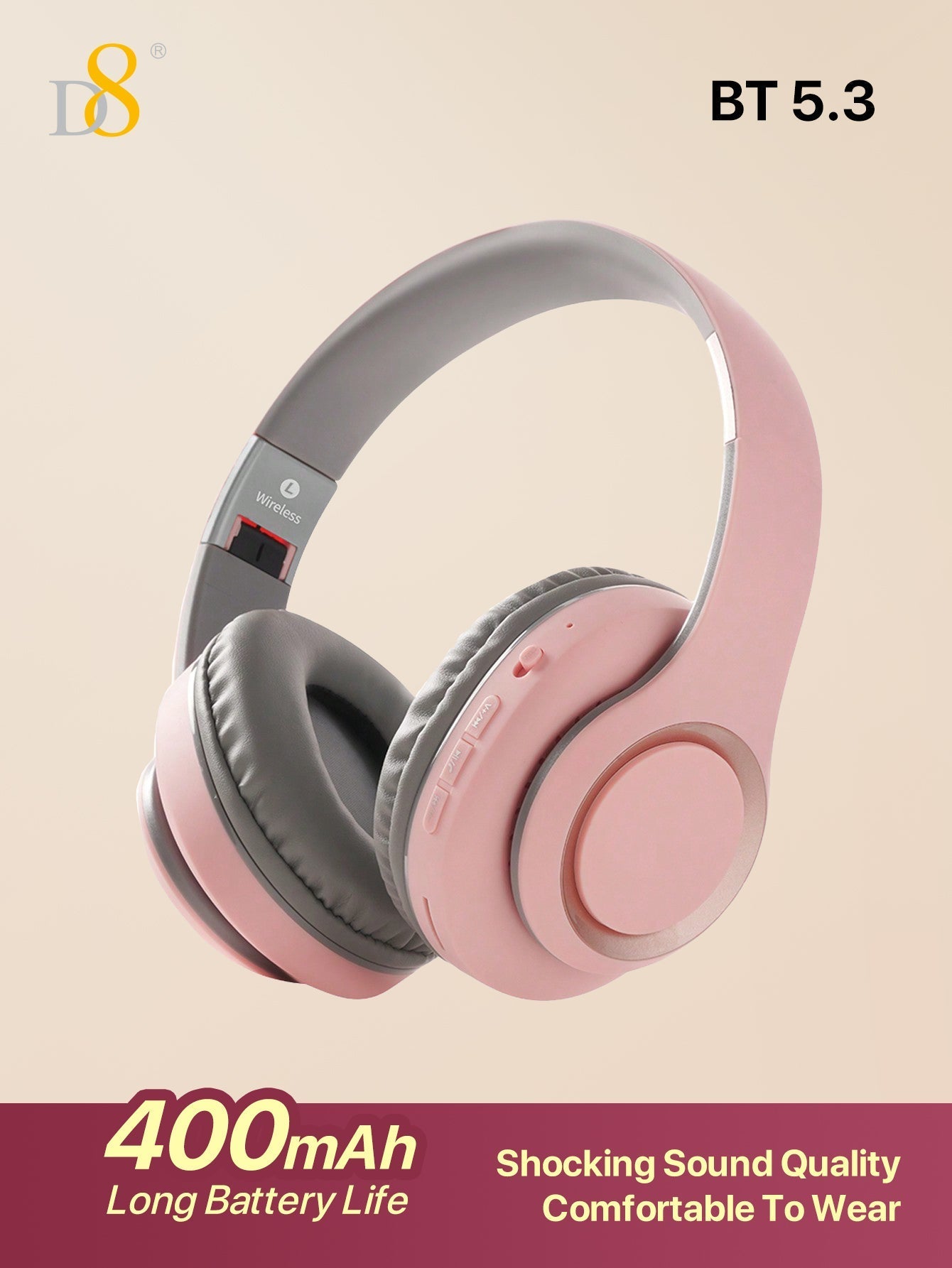 D8 Over-Ear Headphones, Wireless/Wired, Foldable, Mic & Deep Bass, 15H Playtime