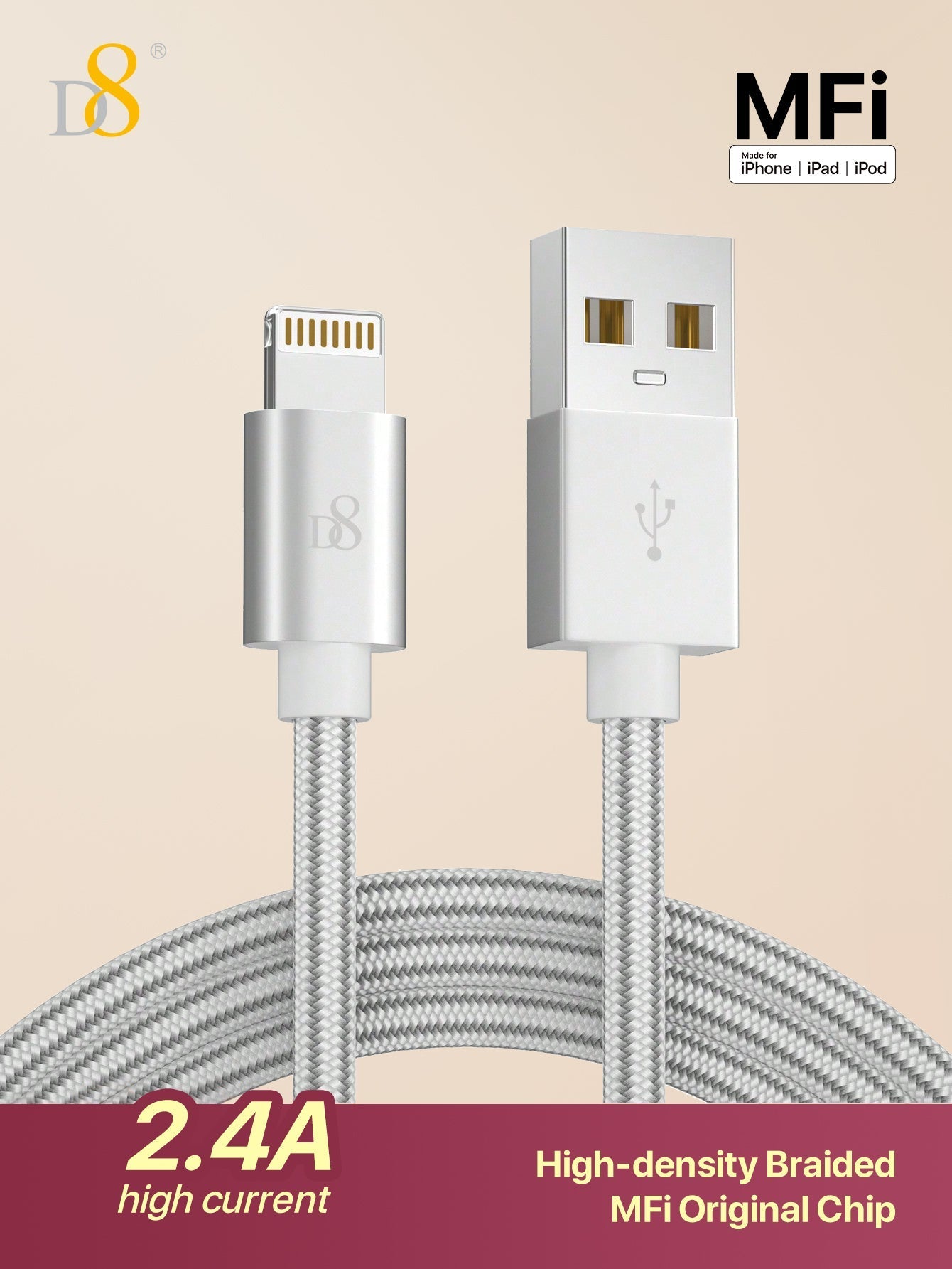 D8 3.3ft Premium Nylon USB-A to Lightning Cable, MFi Certified iPhone Charger