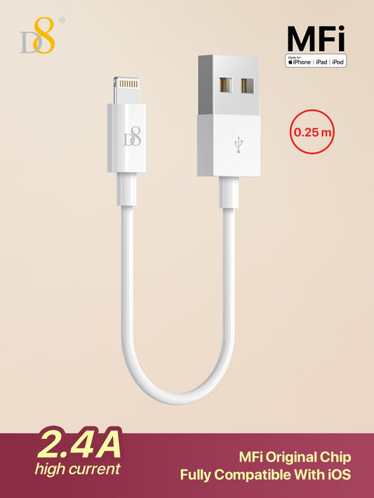 D8 iPhone Charger Cable (0.25M, USB A to Lightning, MFi Certified, 2.4A Fast Charging)
