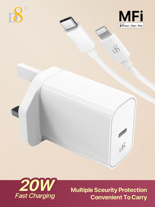 D8 20W PD USB C Wall Charger with 3.3FT Cable, MFi Certified, Super Fast Charging for iPhone & iPad