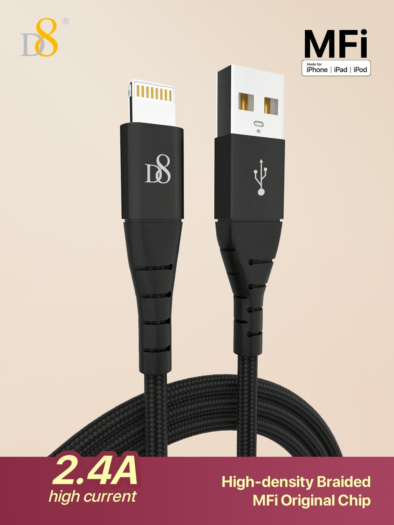 D8 3.3ft MFi Certified Nylon USB-A to Lightning Cable for iPhone & iPad