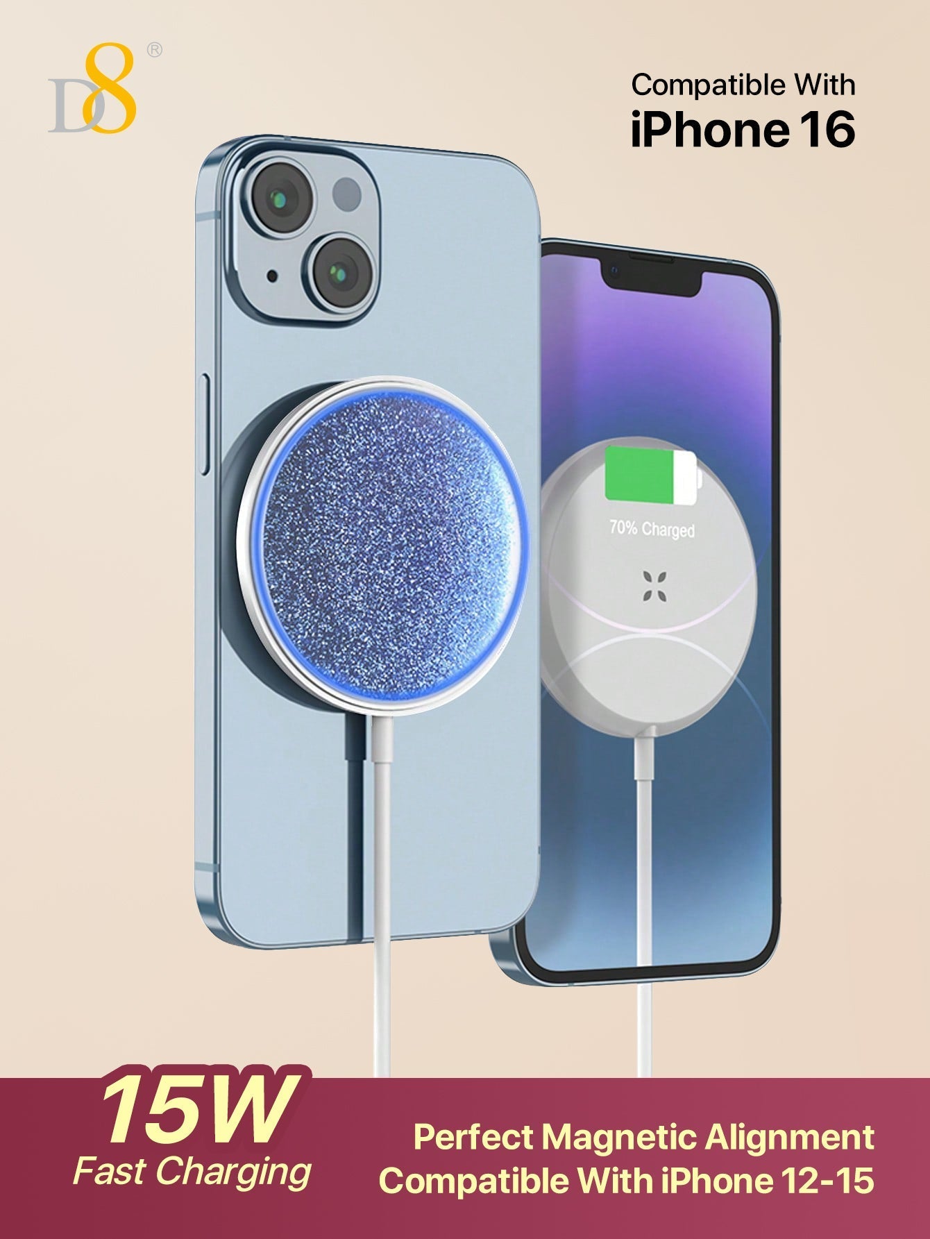 D8 15W Magnetic Wireless Charger, Strong Pad for iPhone 15/14/13/12 Pro