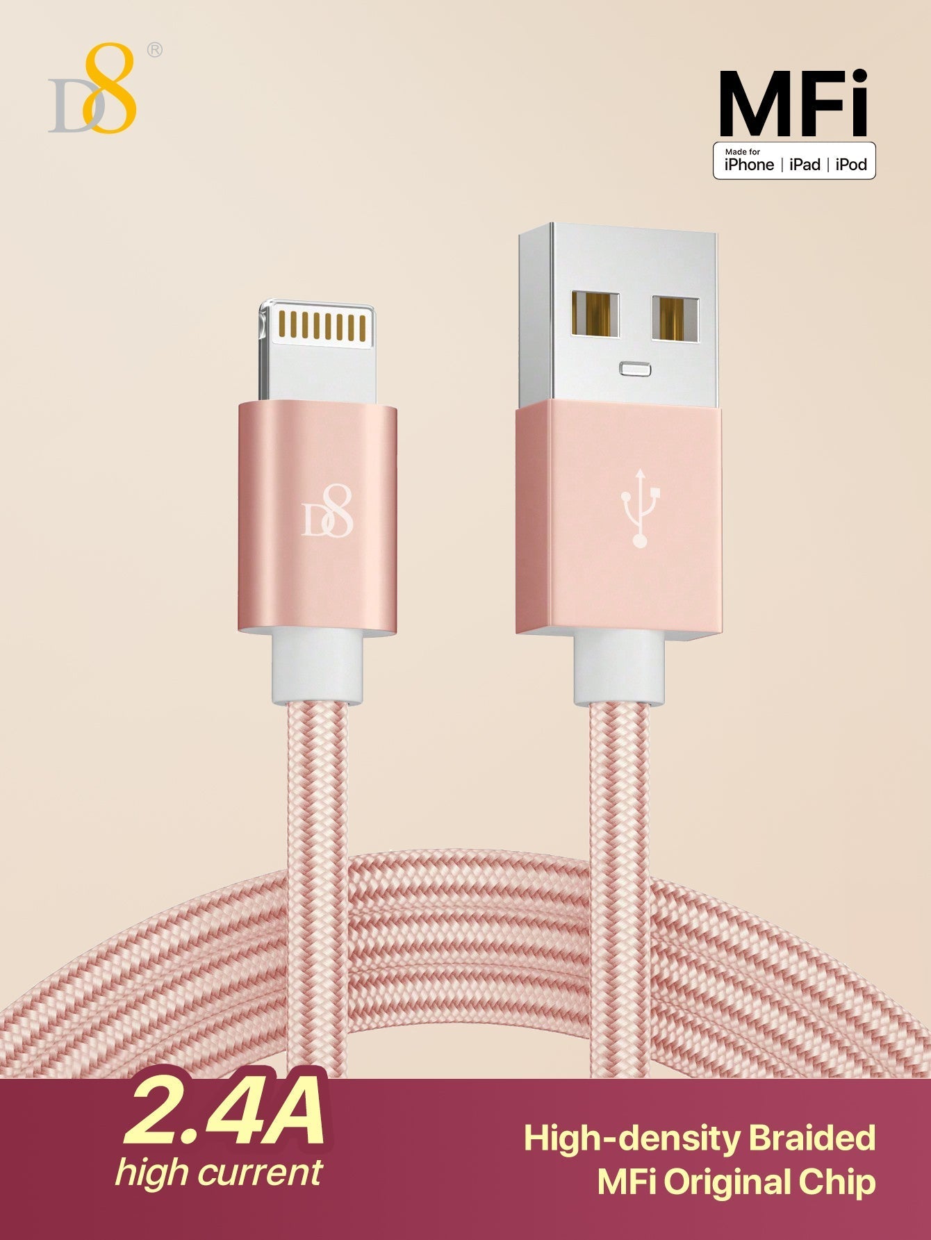 D8 3.3ft Premium Nylon USB-A to Lightning Cable, MFi Certified iPhone Charger