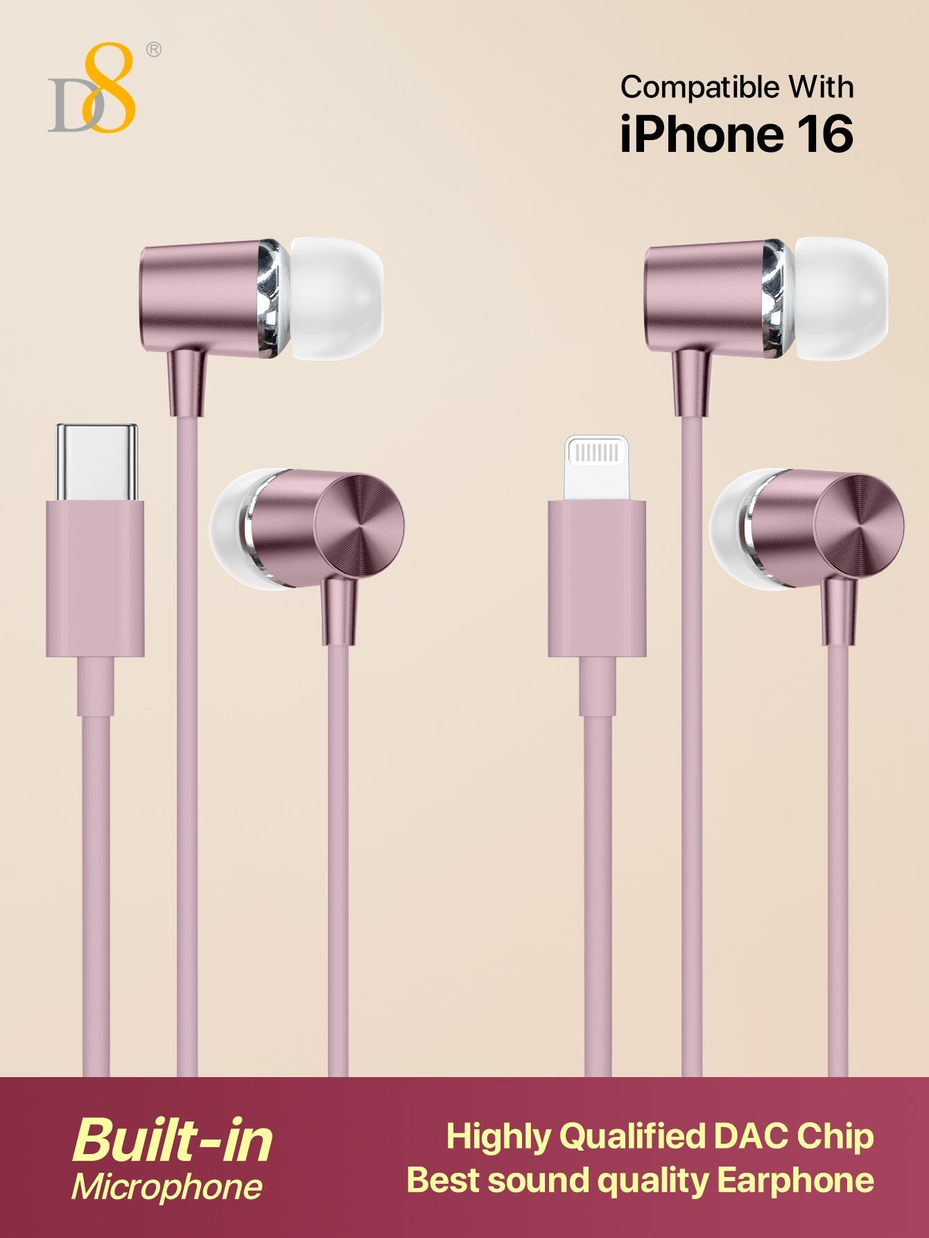 D8 2Pcs MFi Lightning & Type-C In-Ear Headphones with Mic, Compatible with iPhone & Android