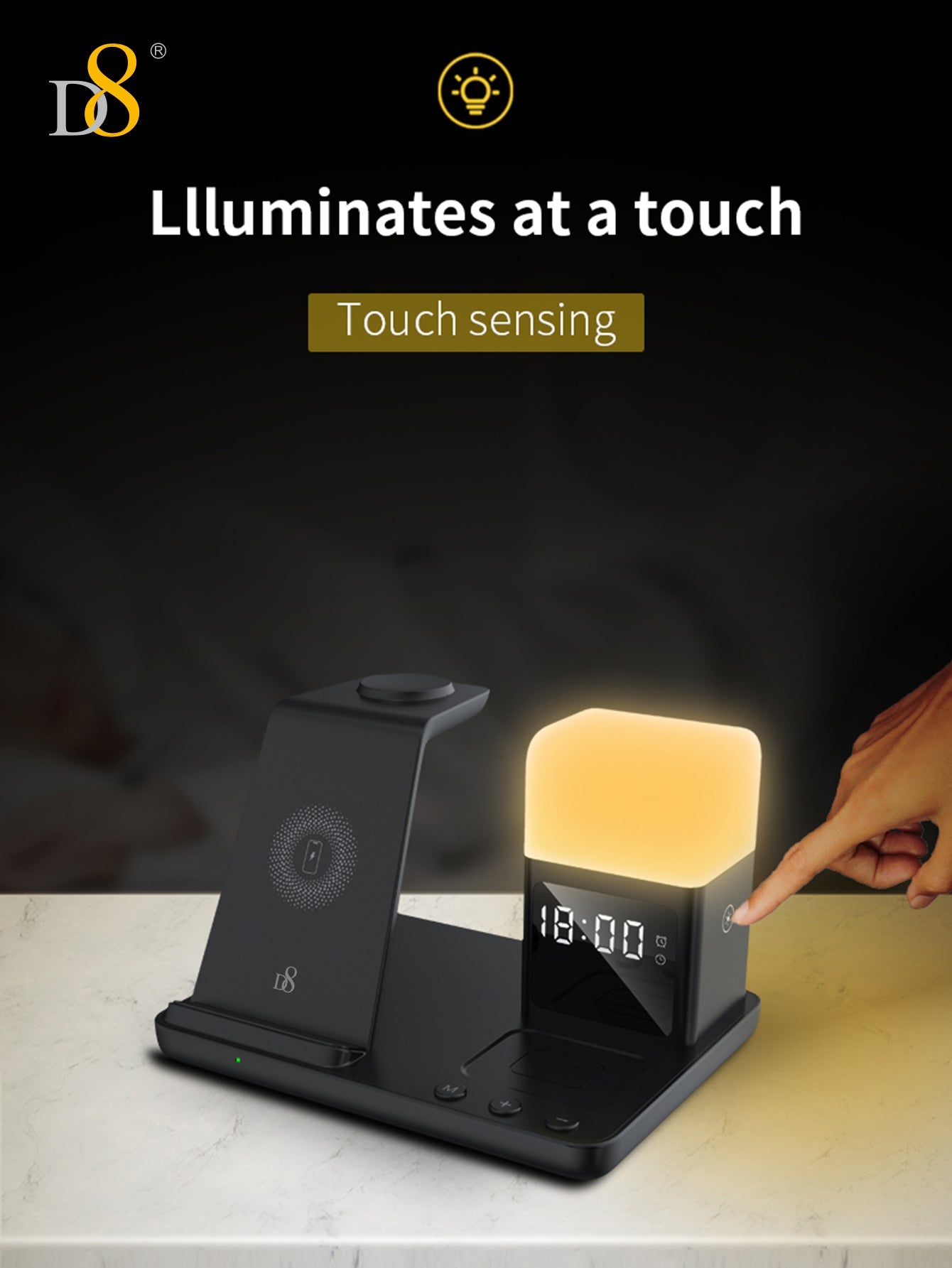 D8 3-in-1 Wireless Charger with LED Night Light for iPhone/Apple Watch