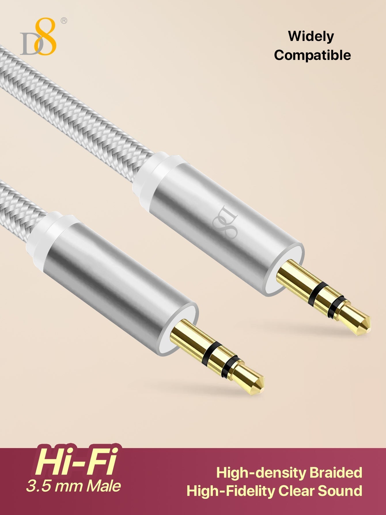 D8 1m 3.5mm Male-to-Male Aux Cable, for Cars, Headphones, Speakers & More