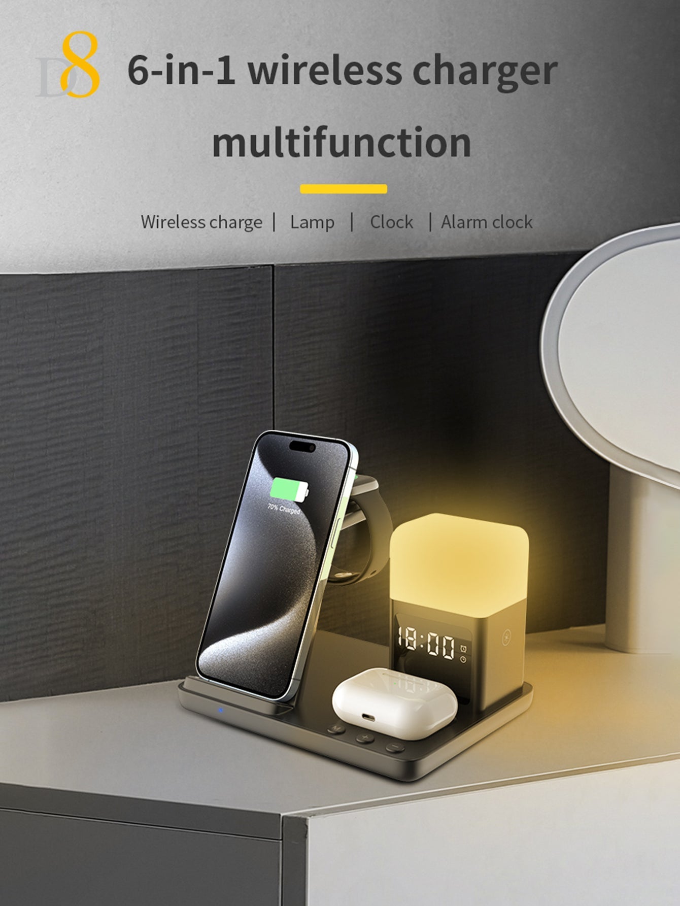 D8 3-in-1 Wireless Charger with LED Night Light for iPhone/Apple Watch