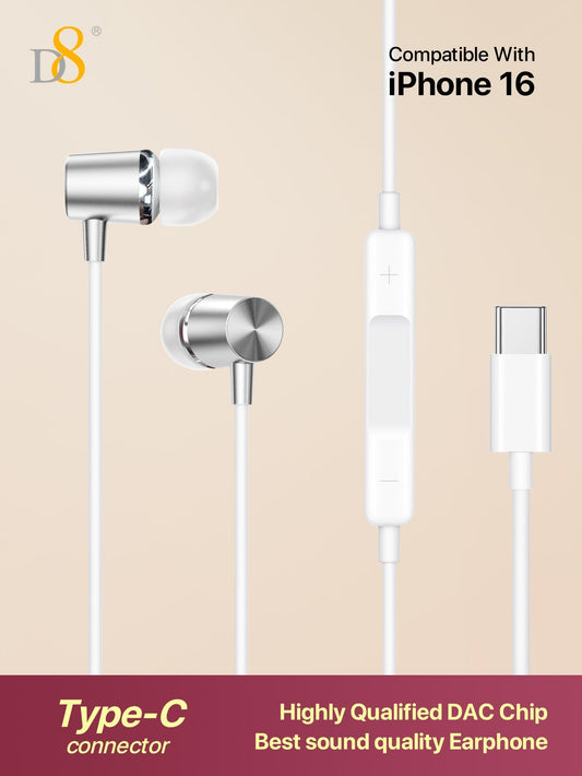 D8 USB-C Earbuds with Mic, In-Ear Headphones for iPhone/Samsung/iPad