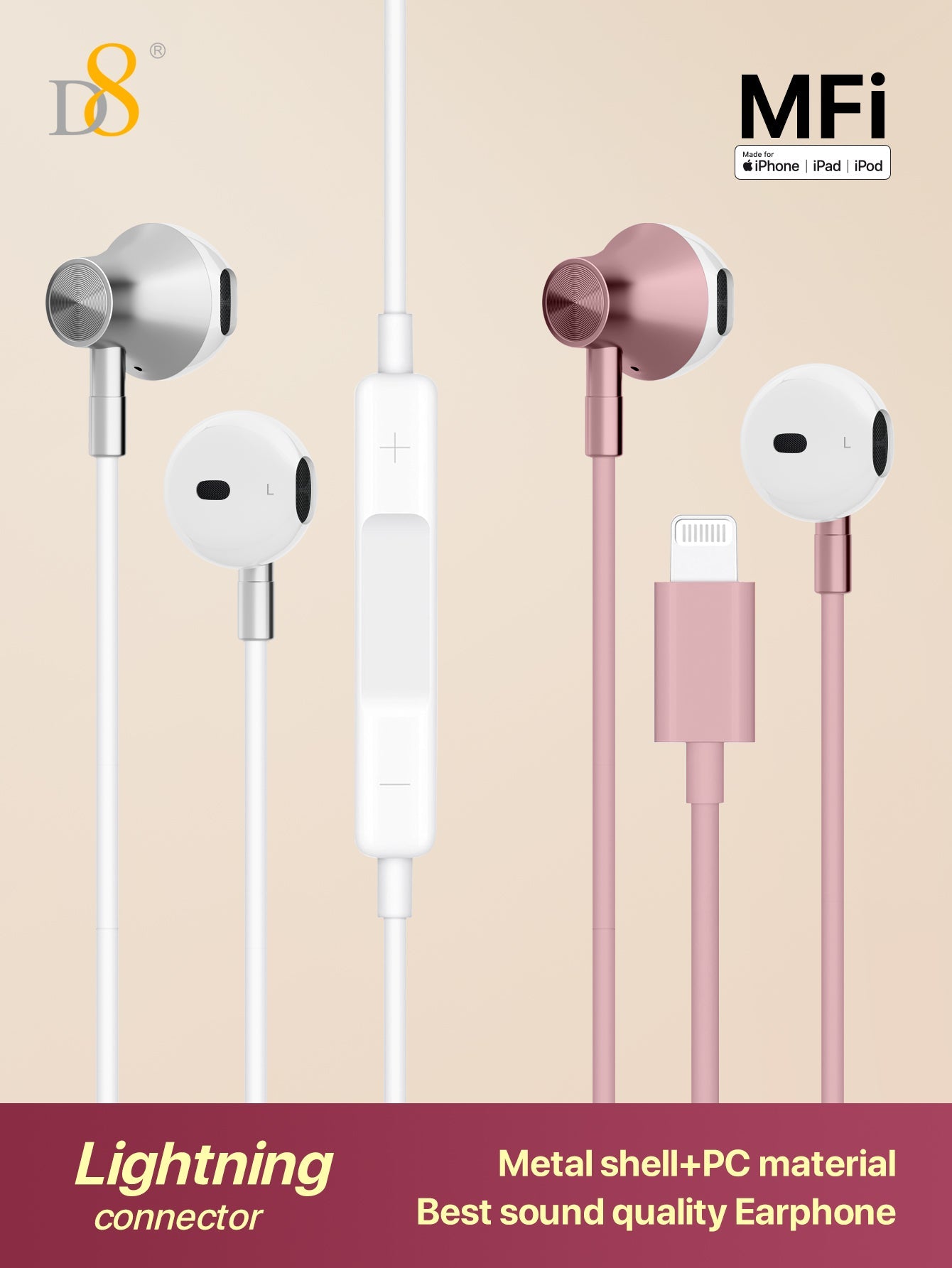 D8 2pcs Wired Headphones with Lightning Connector - Mic, Remote, Noise Isolation