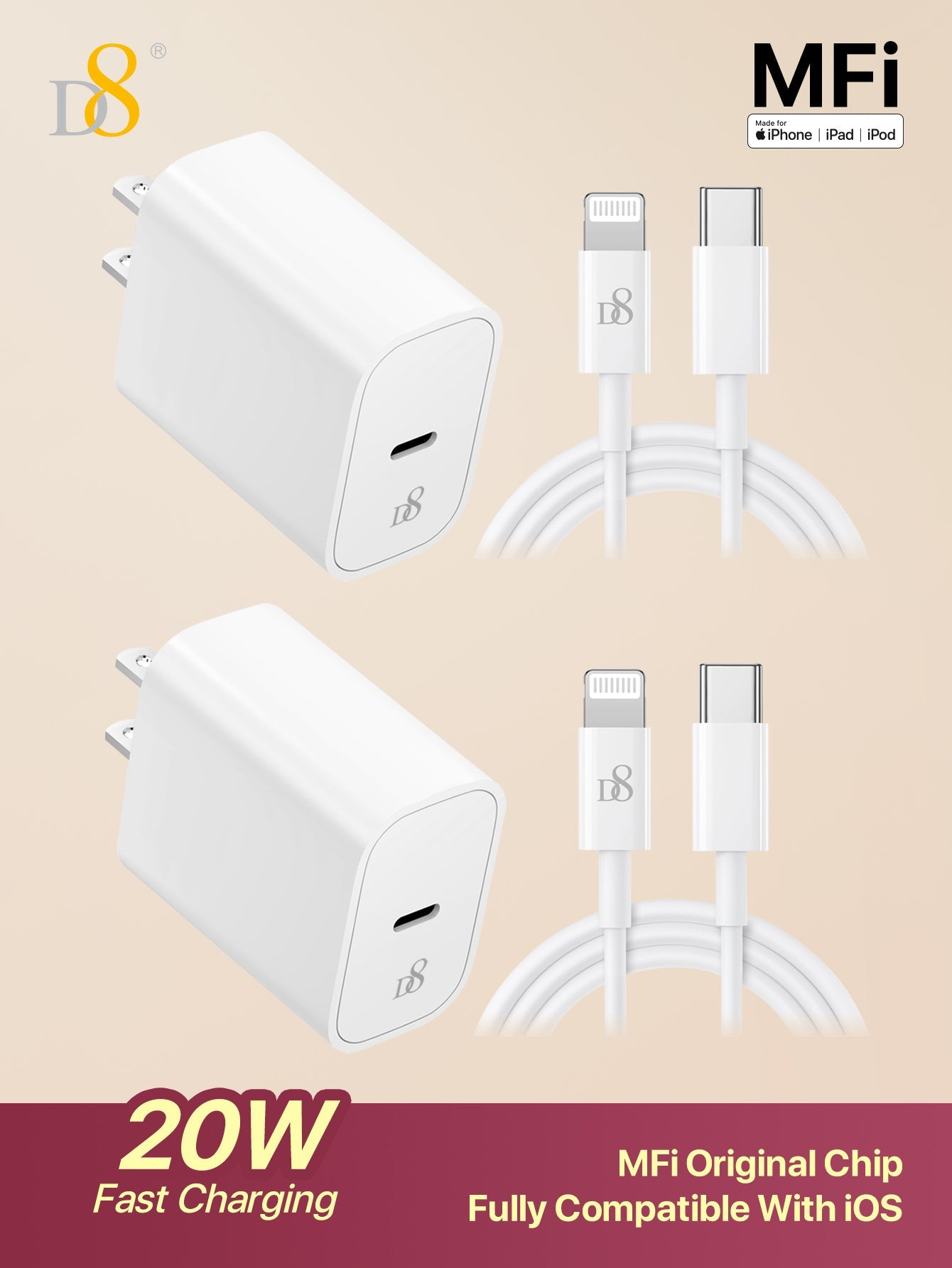 D8 20W PD USB-C Wall Charger 2-Pack with 3.3FT Fast Charging Cable, MFi Certified