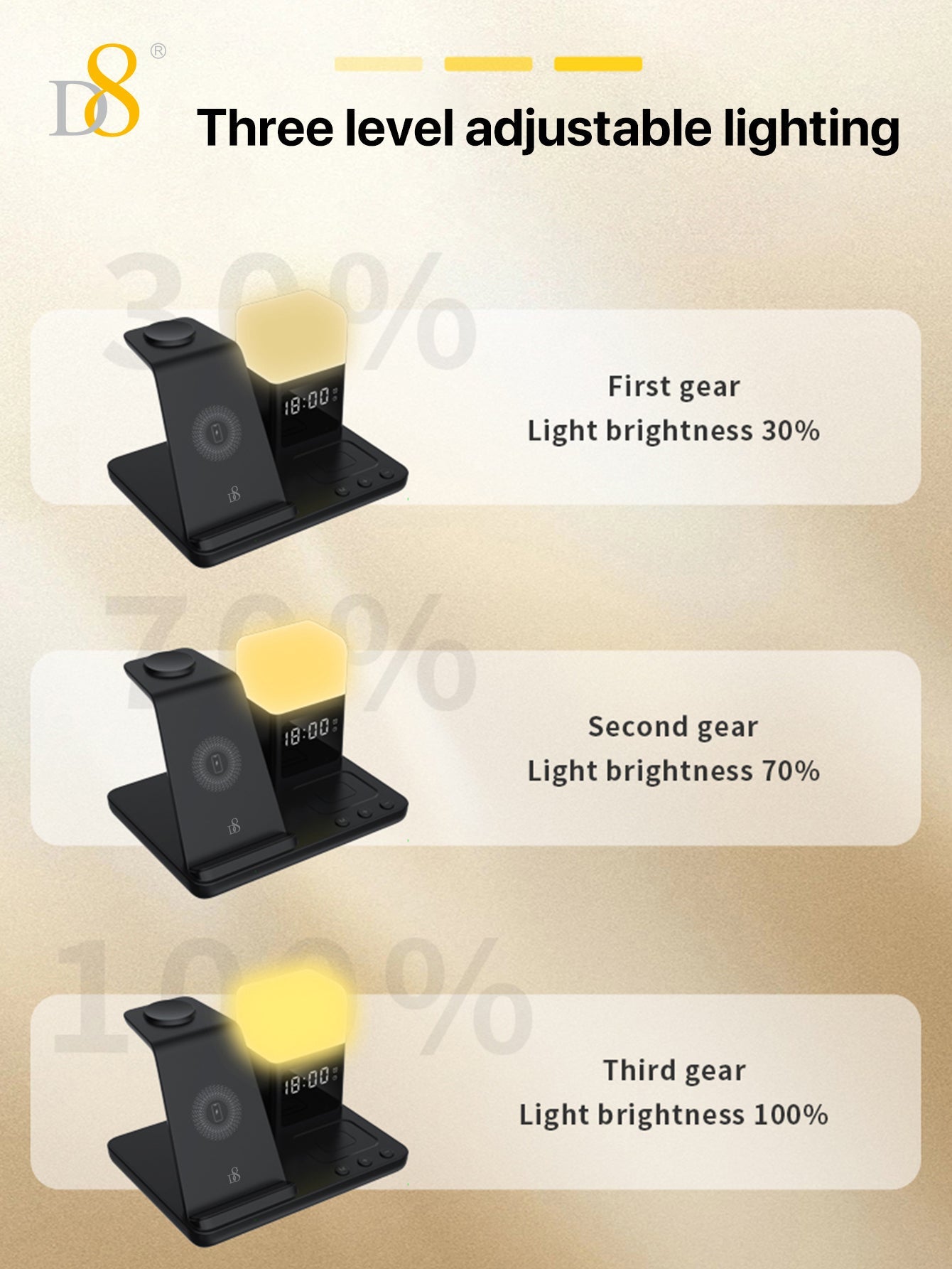 D8 3-in-1 Wireless Charger with LED Night Light for iPhone/Apple Watch