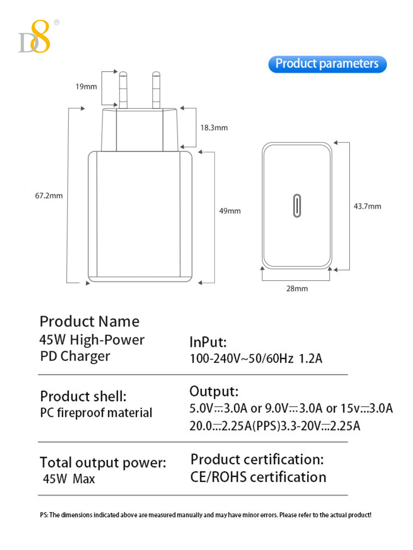 D8 45W USB-C Charger, Fast Charging for iPhone 15/MacBook/iPad/Samsung