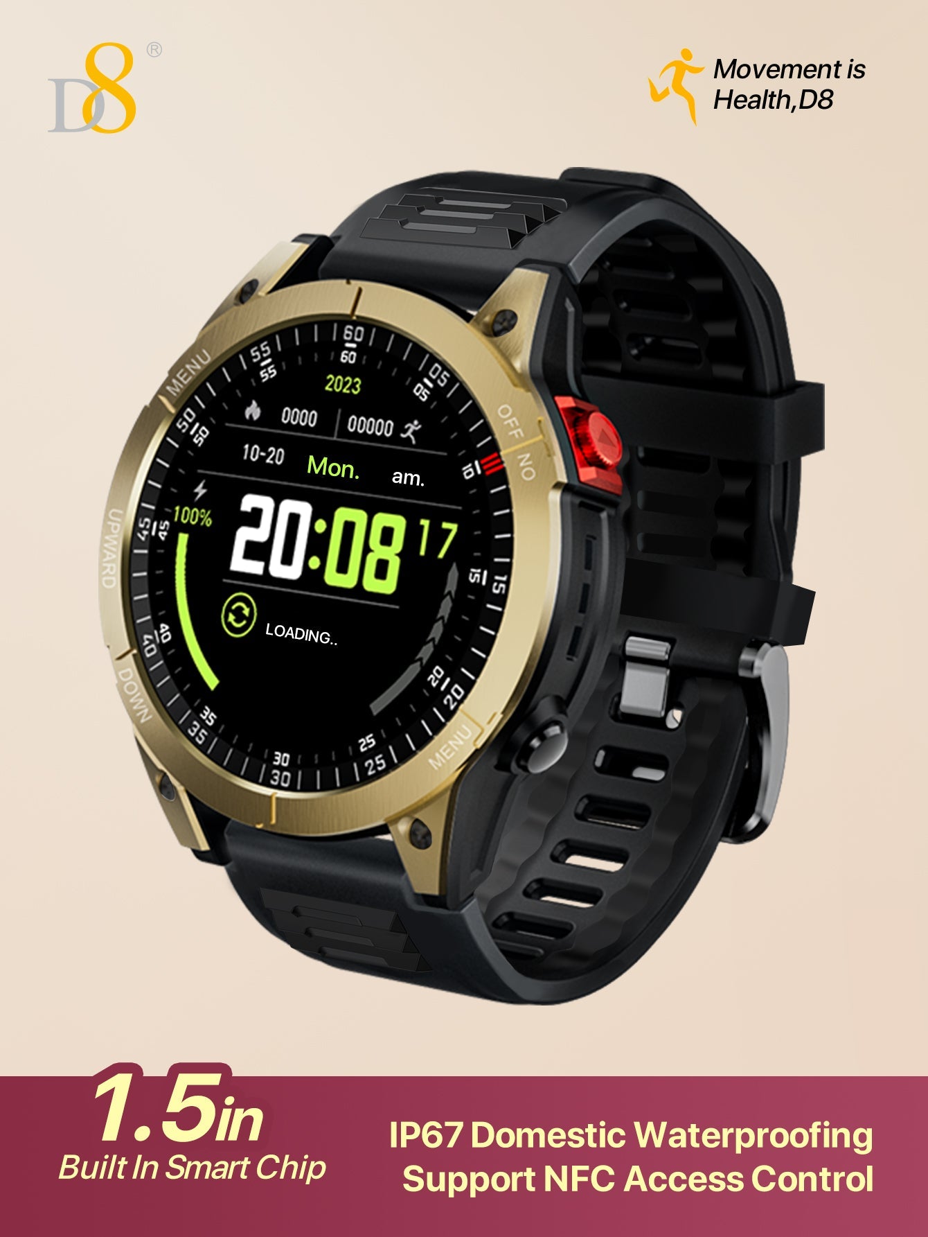 D8 1.5" Smartwatch for Men, IP67 Waterproof, 100+ Sport Modes, Fitness Call